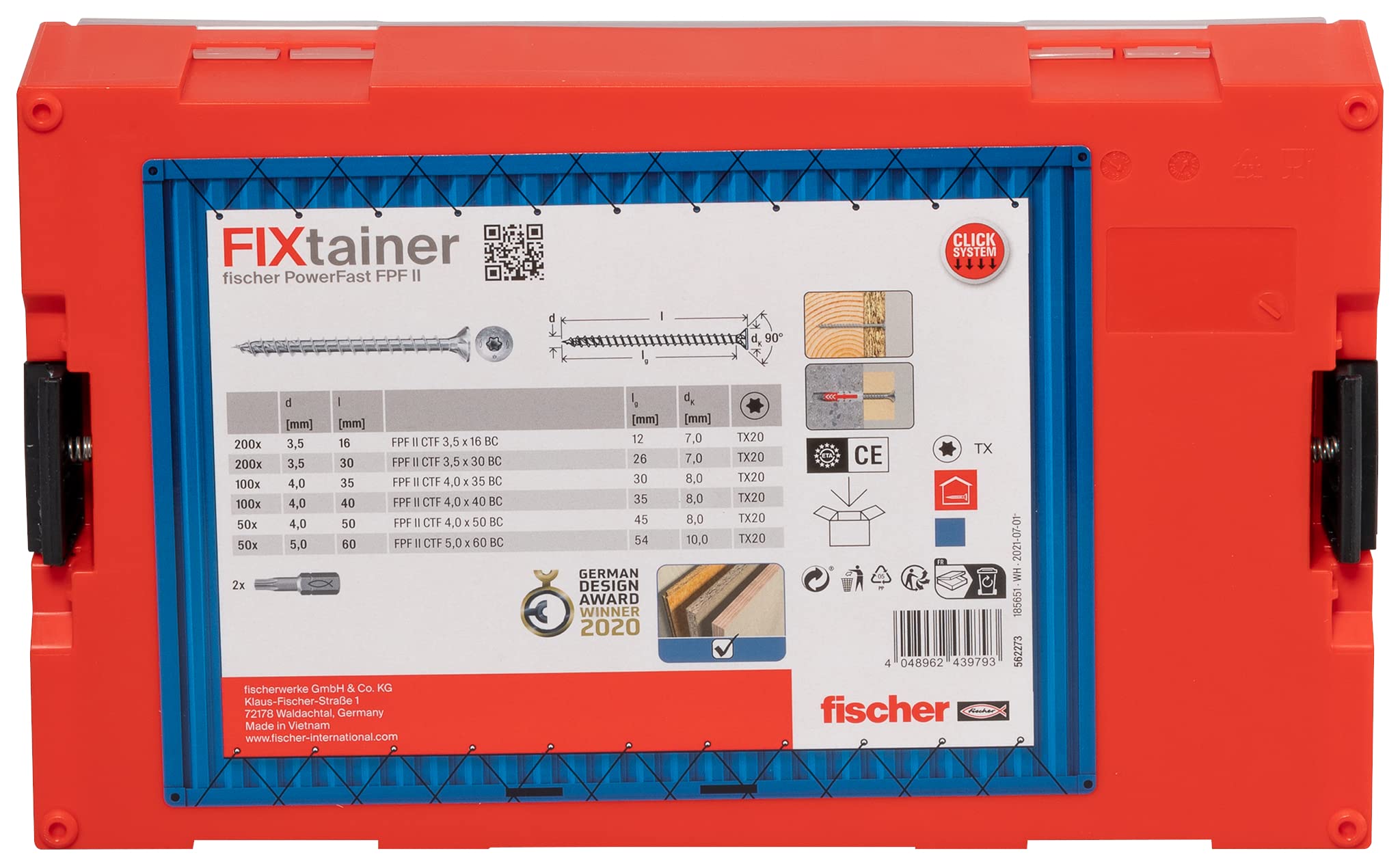 Fischer FixTainer 700x Viti per Legno Torx PowerFast FPF II CTF, Include 2 Inserti per Avvitatore, Filetto Totale, Autofilettanti, Testa Svasata, 562273