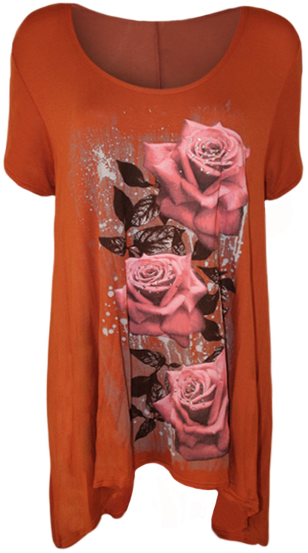 Wearall Women's Rust Plus Size Glitter Rose Print Hanky Hem Short Sleeve Long Top 22/24