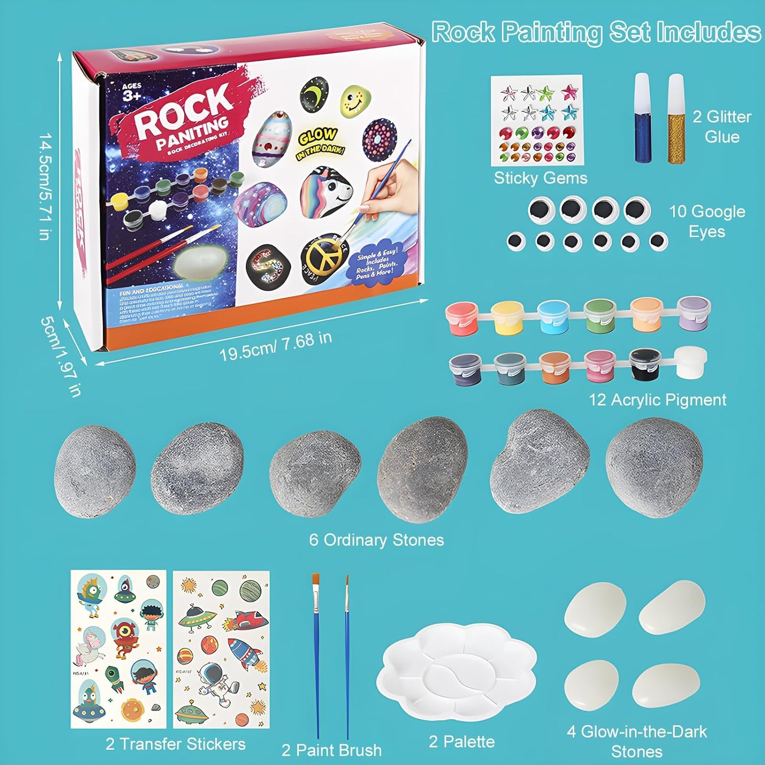 HUMTEOXI Set Creativo Per Pittura Su Pietra &ndash; 10 Pietre, Colori E Glitter, Effetto Glow In The Dark