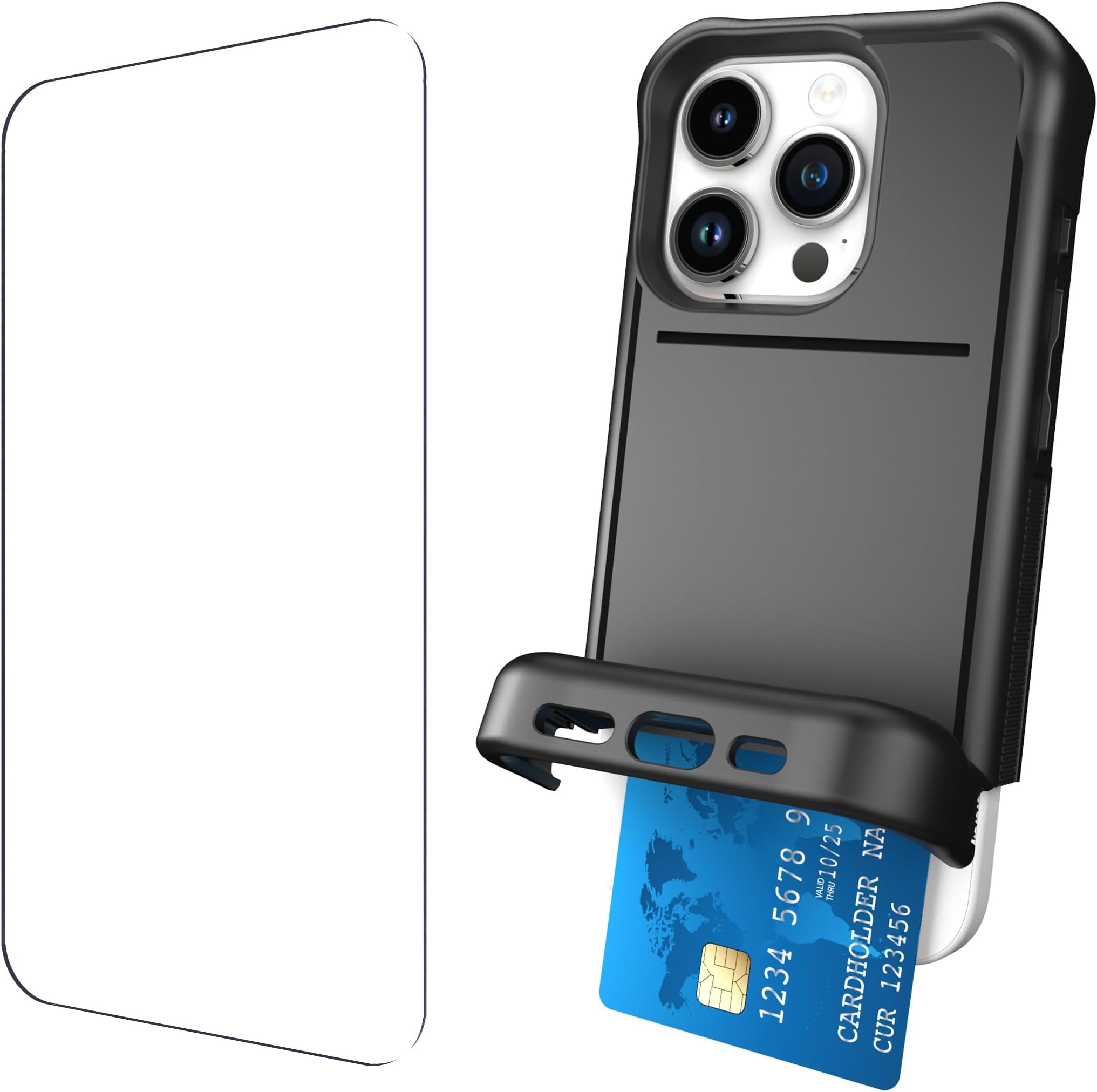 Scooch iPhone 15 Pro Case with Card Holder [Wingmate] iPhone 15 Pro Wallet Case with Hidden Card Slot and RFID Protection, Holds Up to 5 Cards, Bundled with Tempered Glass Screen Protector, Black