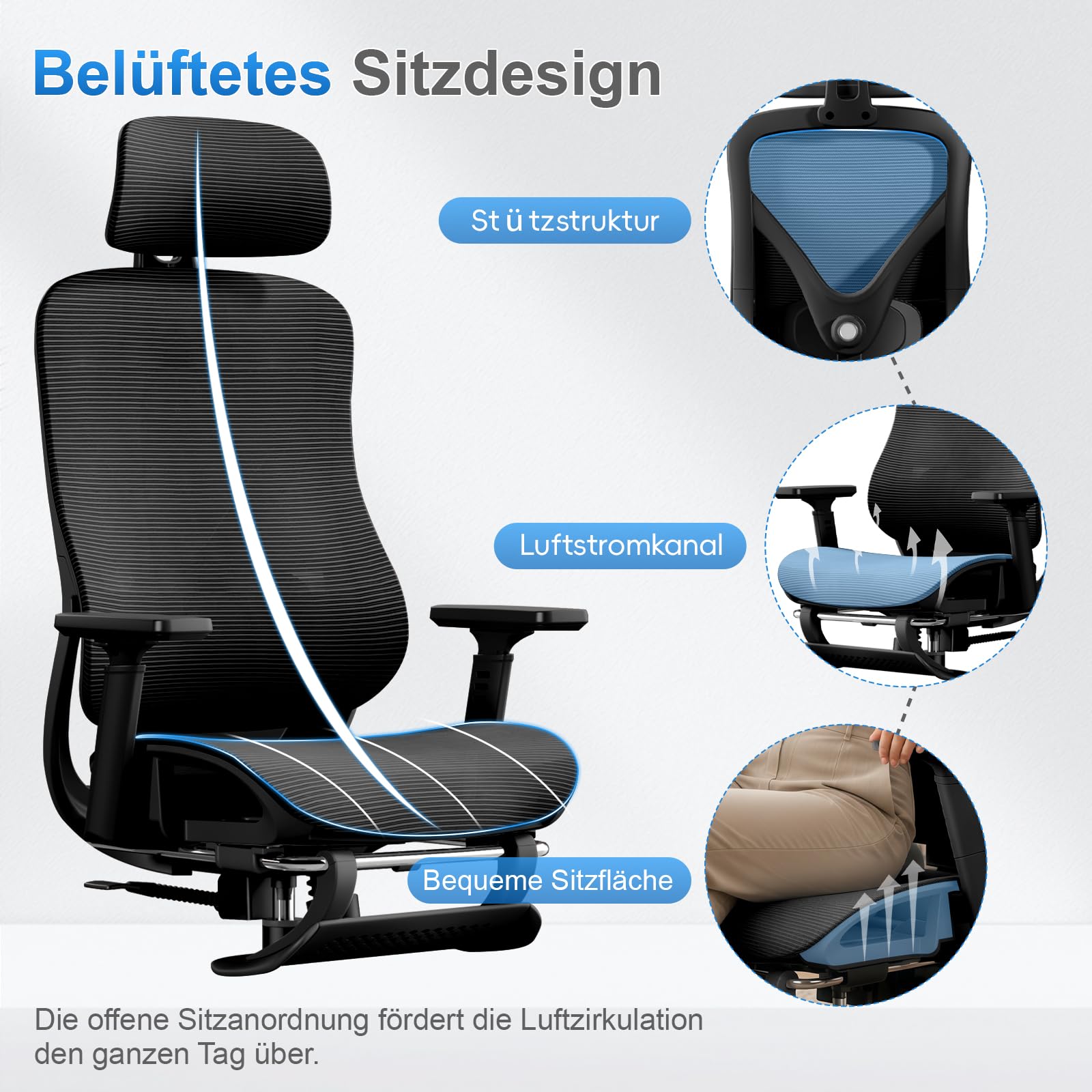 Ergonomischer Netz-Bürostuhl mit Verstellbarer Lendenstütze und Fußstütze, Schreibtischstuhl mit drehbaren Armlehnen und Kopfstütze, neigbarer Computerstuhl für Homeoffice und Gaming, Schwarz