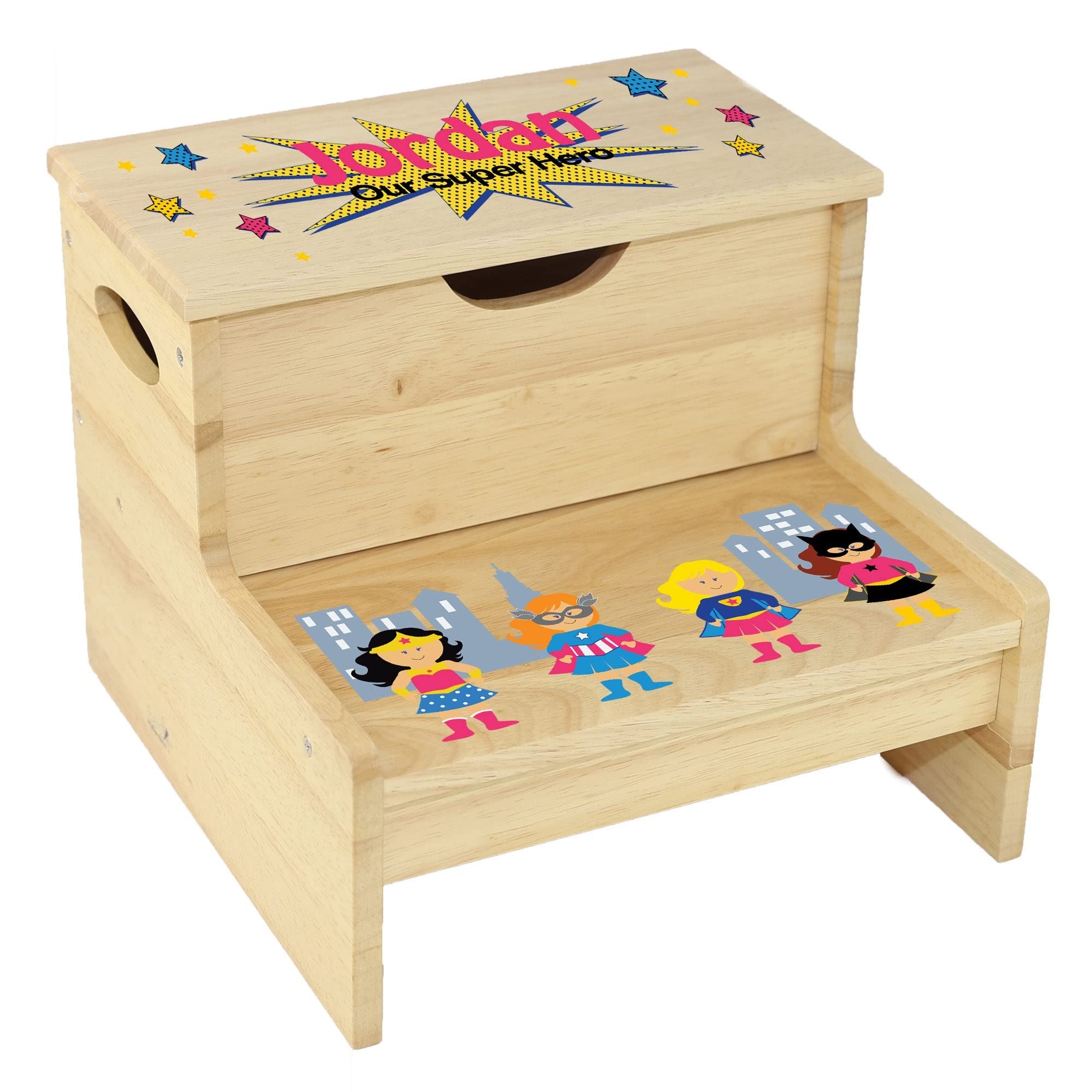 Natural Wood Storage Stool - Personalized Super Girl Superhero Stepstool