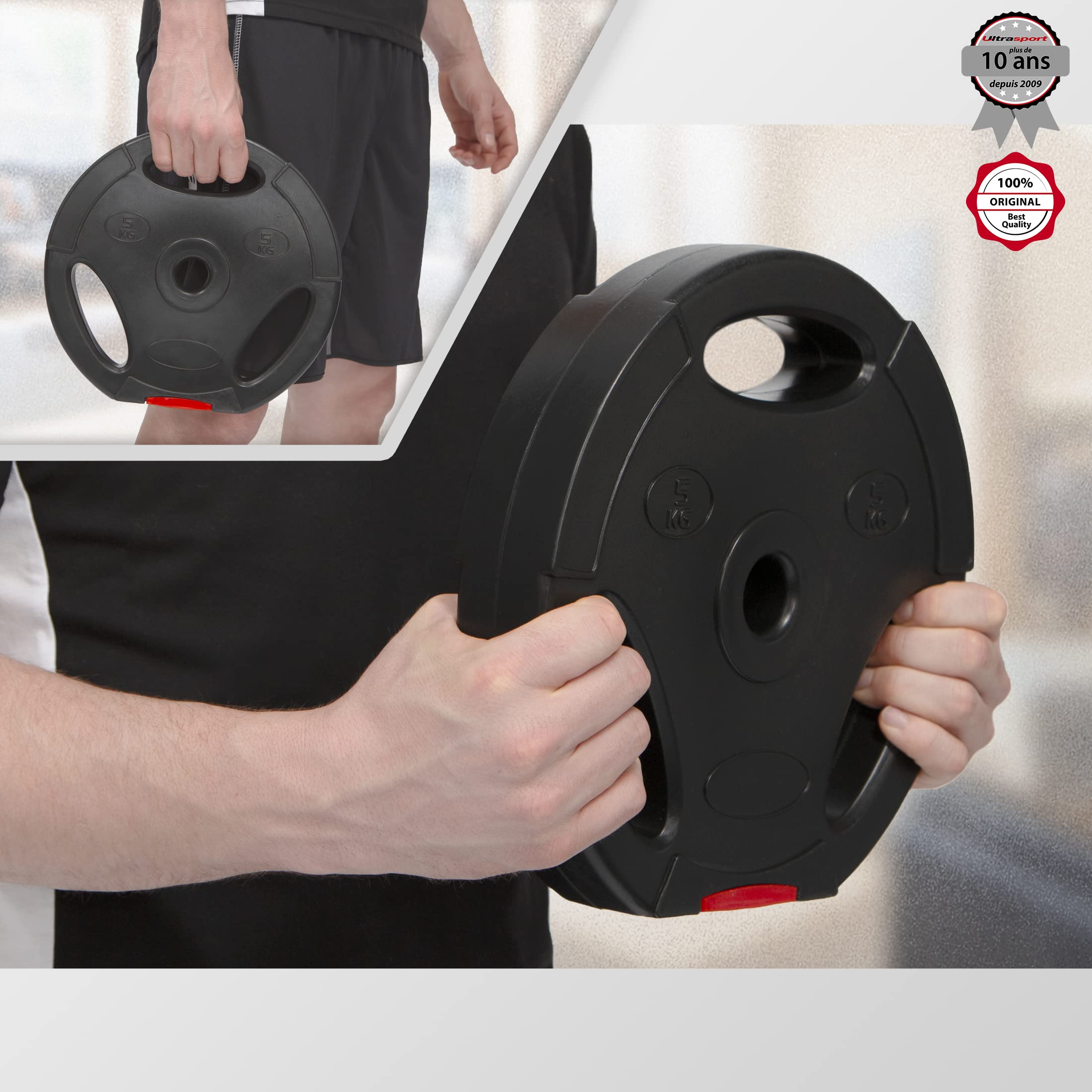 Ultrasport Ensemble de disques d'haltères, 4 poids d'haltères en ensemble, 15 kg ou 25 kg, pour haltères courts et barres d'haltères longues, avec poignées, ensemble complet en métal de 30 kg
