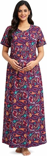 Zipless Feeding Maternity Night Dress Easy Nursing Access Double Layer Feeding Gown Soft Cotton Feeding Nighty with Pocket...