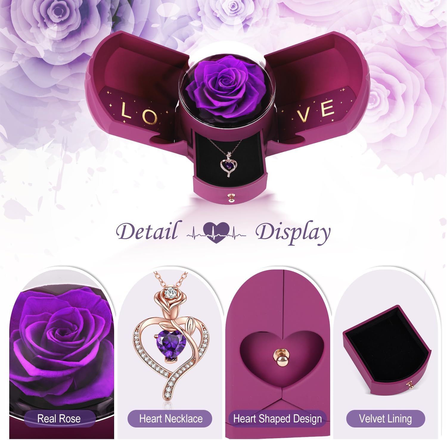 Forever Love Eternal Dried Preserved Roses Artificial Flowers Birthday Valentines Day Fresh Single Glass Roses In A Box Gifts Grandma Rose Heart Necklace For Women Wife Mom Her Girlfriend Grandma - Image 2