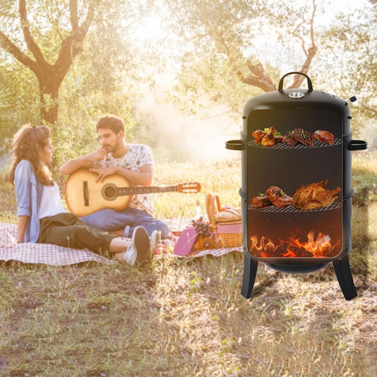 Grill na węgiel drzewny, wytrzymały stalowy grill z regulacją temperatury, przenośny okrągły wędzarnia do mięsa, ryb i warzyw