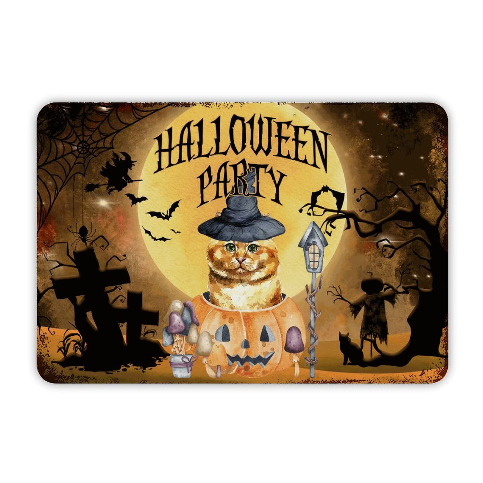 ENEDNATE Farmhouse Rustic Aluminum Sign Welcome to Halloween Party Witch Hat Cat Bats Metal Sign Retro Aluminum Tin Sign for Kitchen Bedroom Living Room Wall Art Door Hanger Home Decor Sign 8x12 Inch