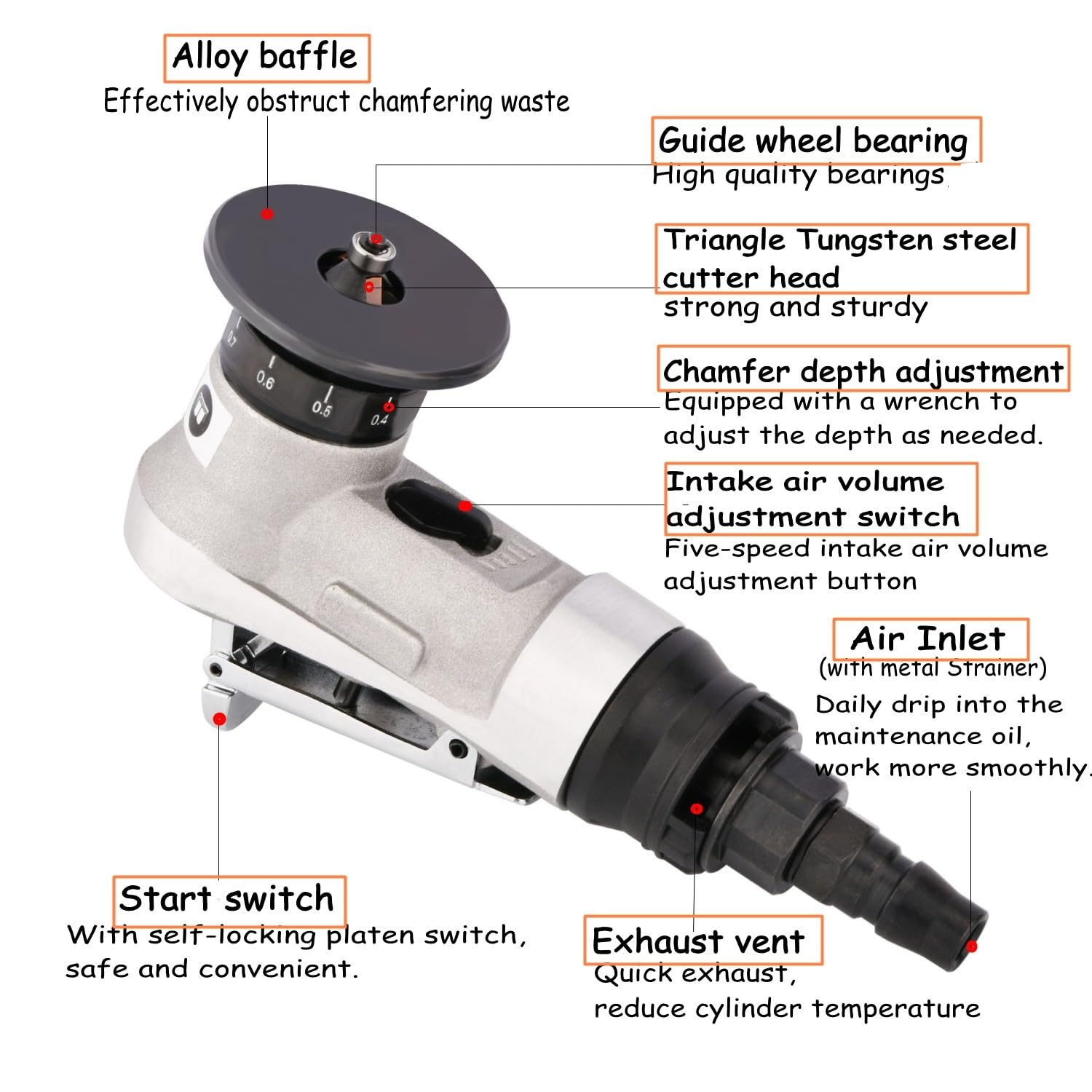 Mini máquina de corte de chaflán Aire comprimido, velocidad de ralentí: 30000 rpm, capacidad de chaflán: C0.1-C1.5, profundidad ajustable: 0.1 mm-0.9 mm, para borde recto/circular