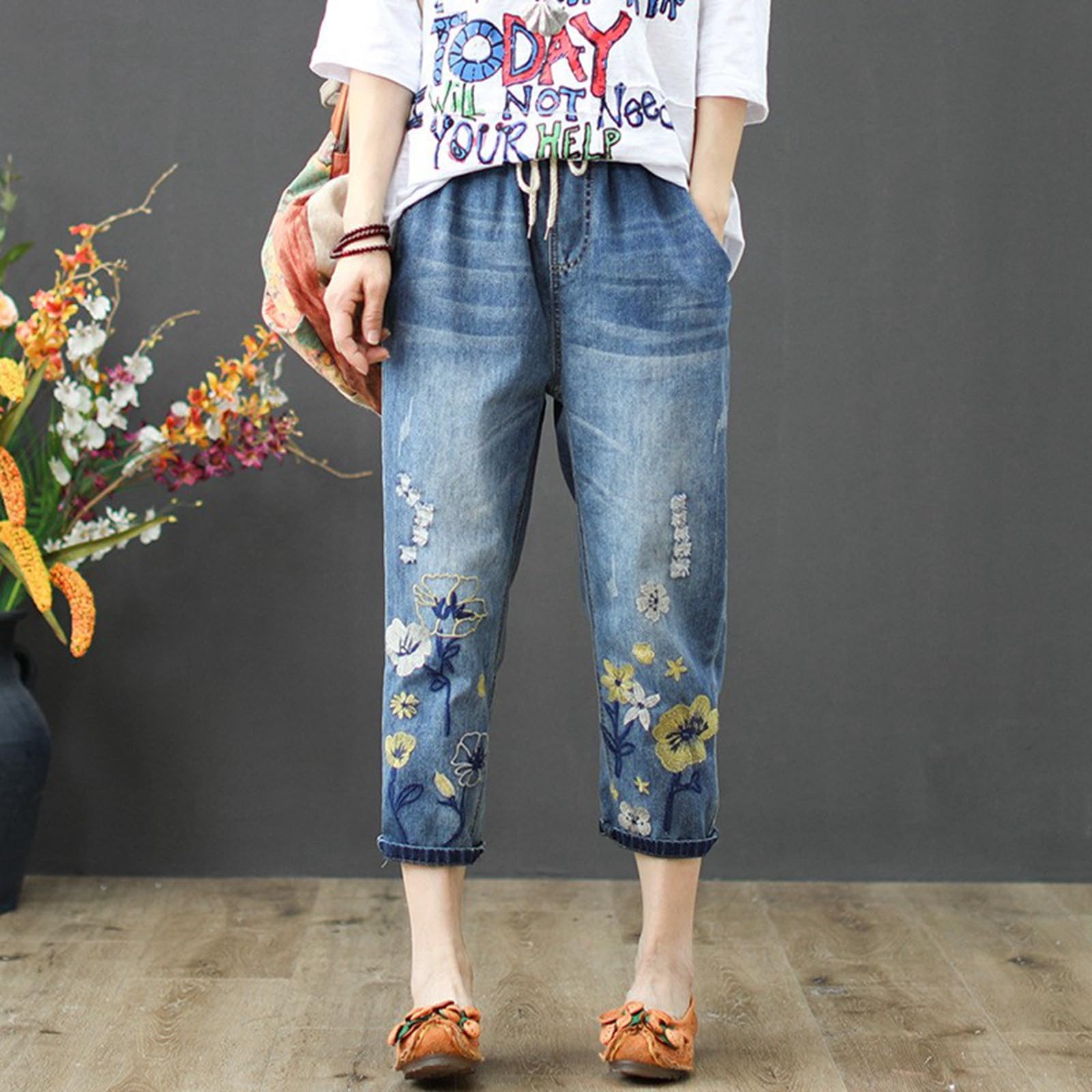 Jeans da donna, elasticizzati, lunghezza al ginocchio, 3/4, da donna, estivi, leggeri, in denim, con ricamo, a vita alta, jeans estivi con tasche, dritto, Capri elasticizzati, per il tempo libero