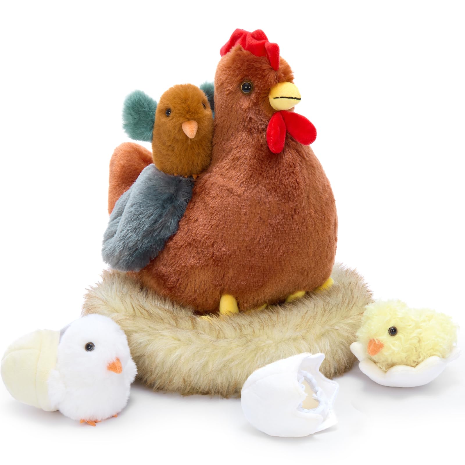 MaoGoLan Dark Brown Chicken Teddy Toy, Mommy Hen with Nest & Baby Chicks Inside, Egg Laying Hen Stuffed Animal, Cuddly Toy Gift for Kids Girls, Christmas Birthday Party Decor
