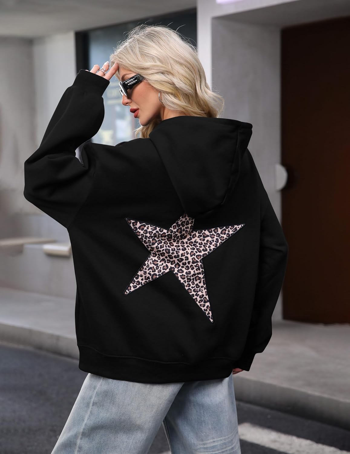 Womens Leopard Star Hoodies Oversized Cheetah Print Hooded Casual Long Sleeve Fleece Pullover Sweatshirts with Pocket - Image 5