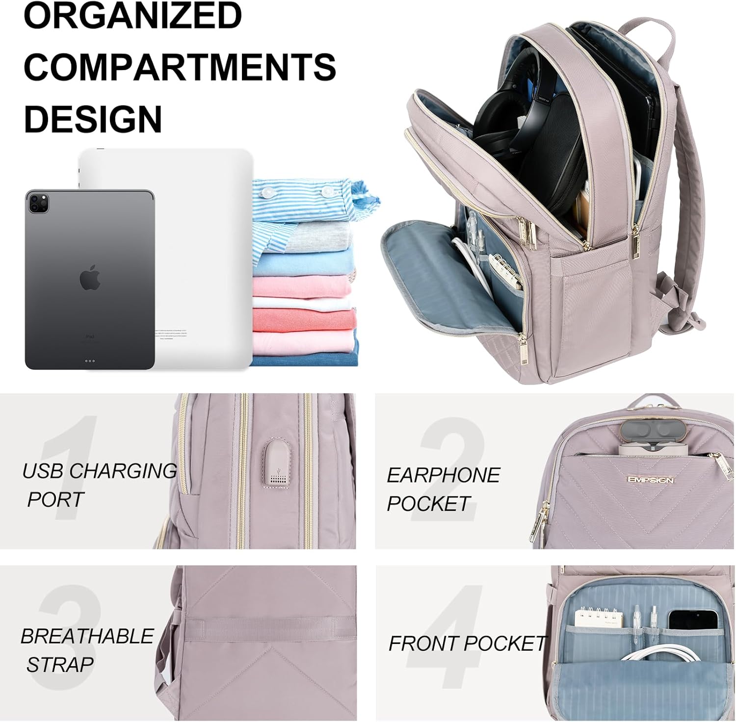 EMPSIGN Laptop Backpack Purse for Women and Men with USB Charging Port, 15.6 Inch Travel Water Resistant Quilted Backpack, High-Capacity 30L Work Business Computer Backpack, Quilted Grey Pink - Image 4