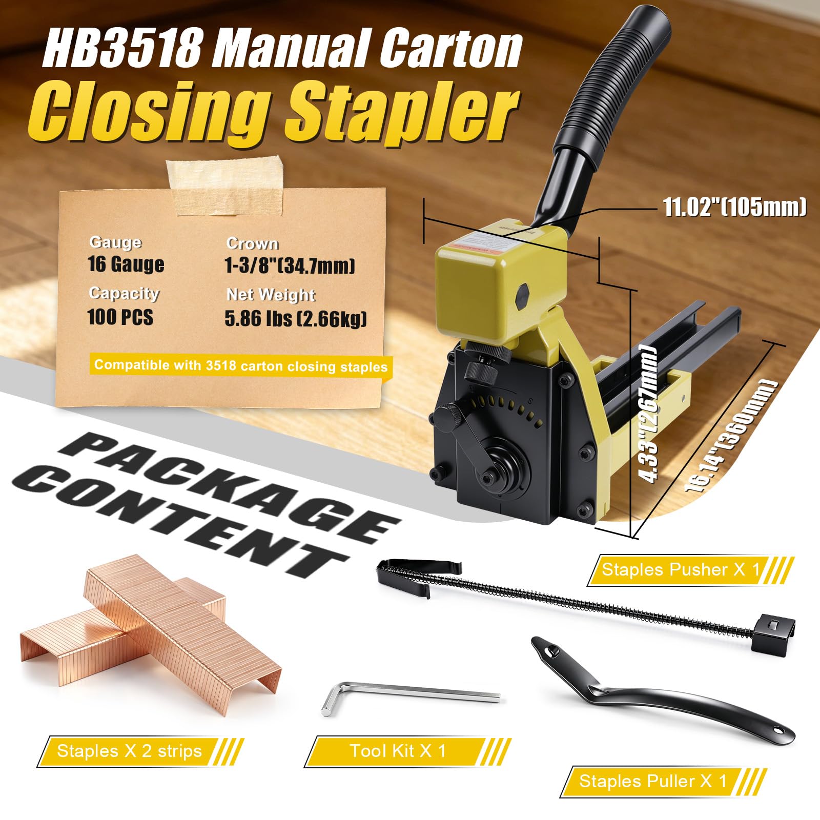 KIMSING Handtacker HB3518 16 Gauge,Tacker für Holz Pappkartons,34,7 mm Krone,18 mm Länge,Kartonverschluss,Wellpappe-Hefter | Ohne Kompressor, Magnesiumleichtbau, Tiefe einstellbar für Kartons, mit Entklammerer und Zuführer