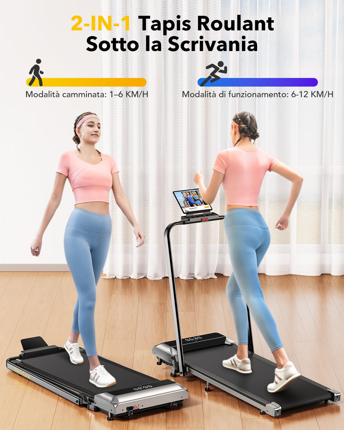 Tapis Roulant Elettrico con Inclinazione, 2 in 1 Tapis Roulant Pieghevole con Pendenza, 12km/h Walking Pad, App e Telecomando, Salvaspazio, Display LED, Tapis Roulant Sotto Scrivania