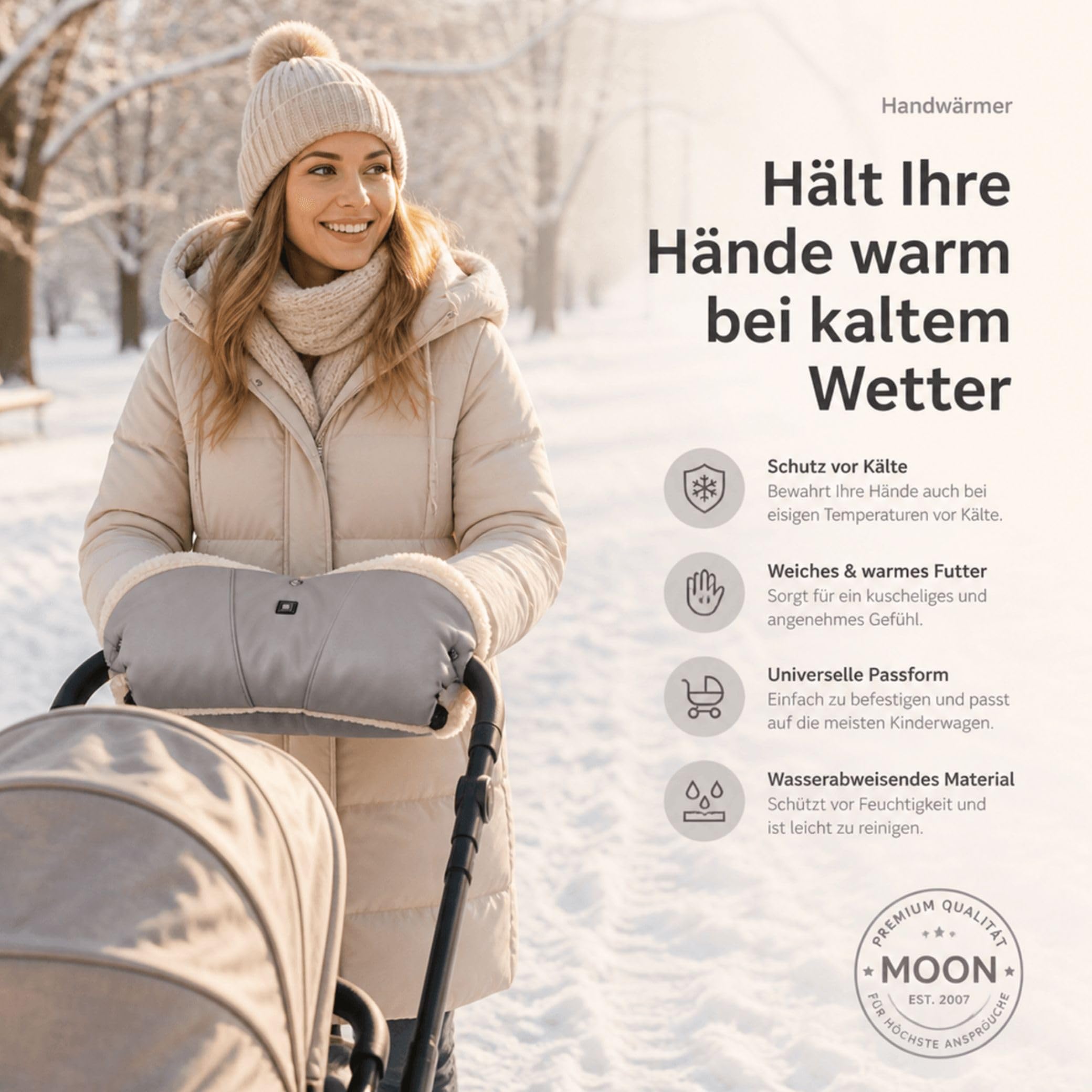 Moon Handmuff Premium & Windel Blaubaer | Passend für Kinderwagen & Buggy | Wasser- und windabweisender Handwärmer mit kuscheligem Innenfutter, | Handschuhe Ideal für kalte Tage | Einfach anzubringen