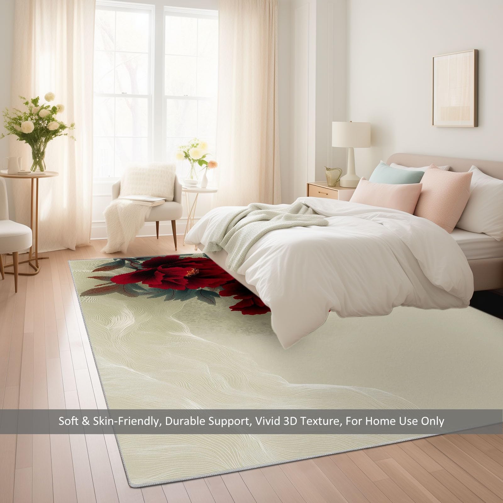 Générique Tapis Imprimé Encre Chine Plantes Fleurs 180x240 cm Moquette Poil Court Doux, Antidérapant, Léger et Résistant, Tapis Gris Clair Décoratif pour Salon Chambre à Coucher Salle à Manger