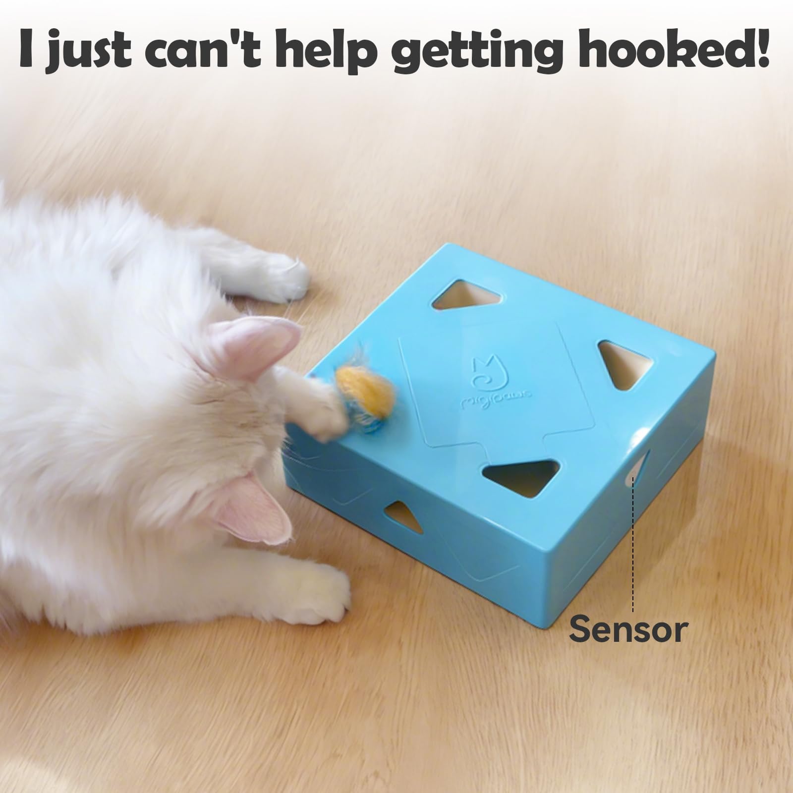 Migipaws Giocattolo interattivo per gatti blu con borsa in tessuto blu, gioco di caccia ai topi alimentato dall'AI, sensore intelligente, ricaricabile, durevole e divertente palla fai da te per gatti