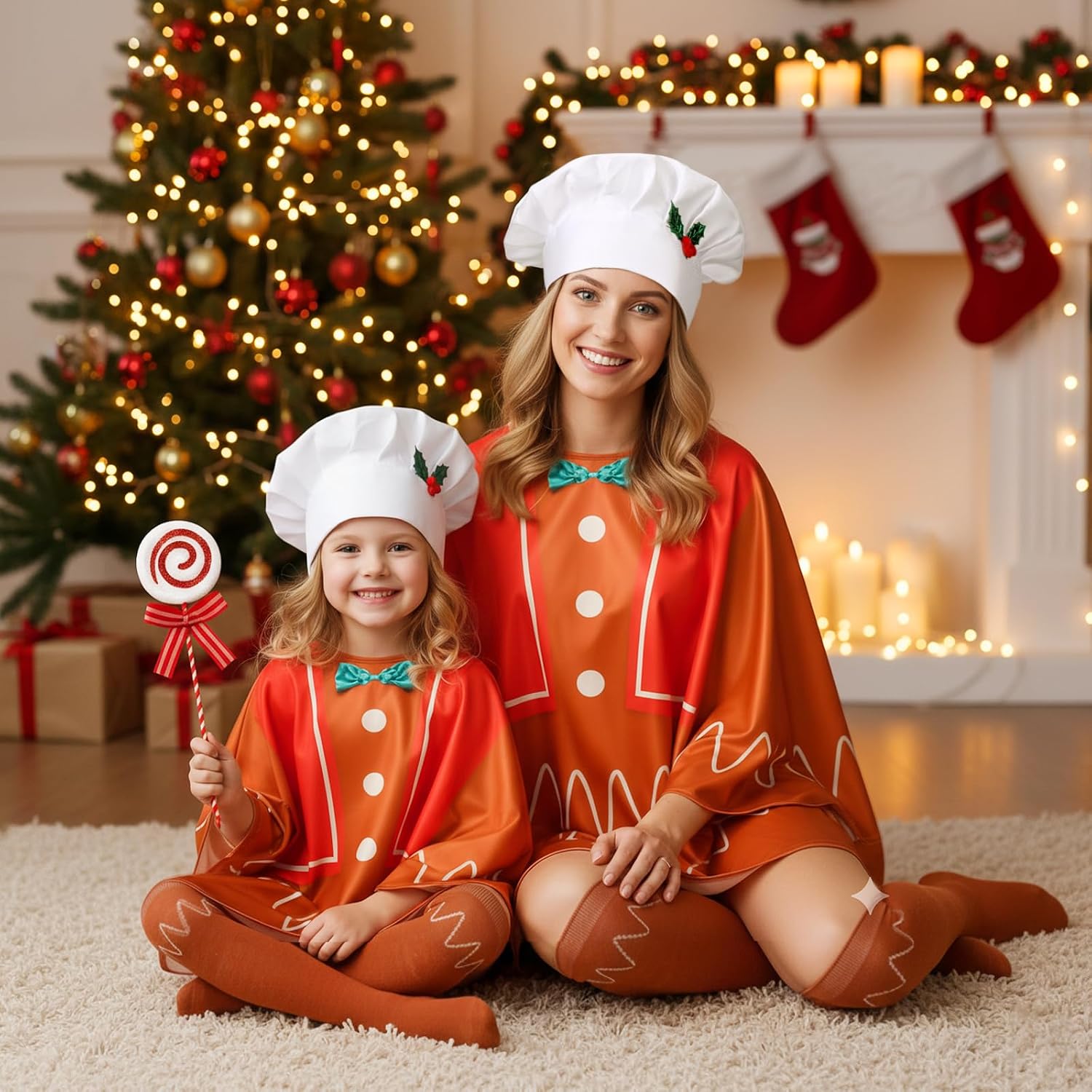 4pcs Gingerbread Man Costume, Gingerbread Costume Women with Poncho Hat Socks and Candy Bar for Christmas Party