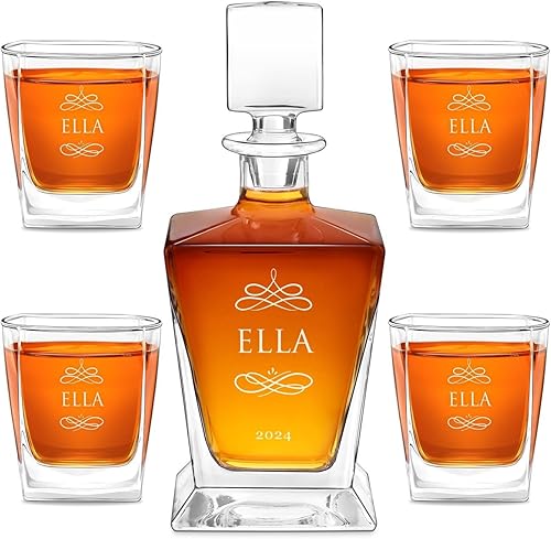 Maverton Juego de whisky para mujer - Decantador de licor personalizado con 4 vasos para ella - Jarra de whisky y vasos para cumpleaños - Set de