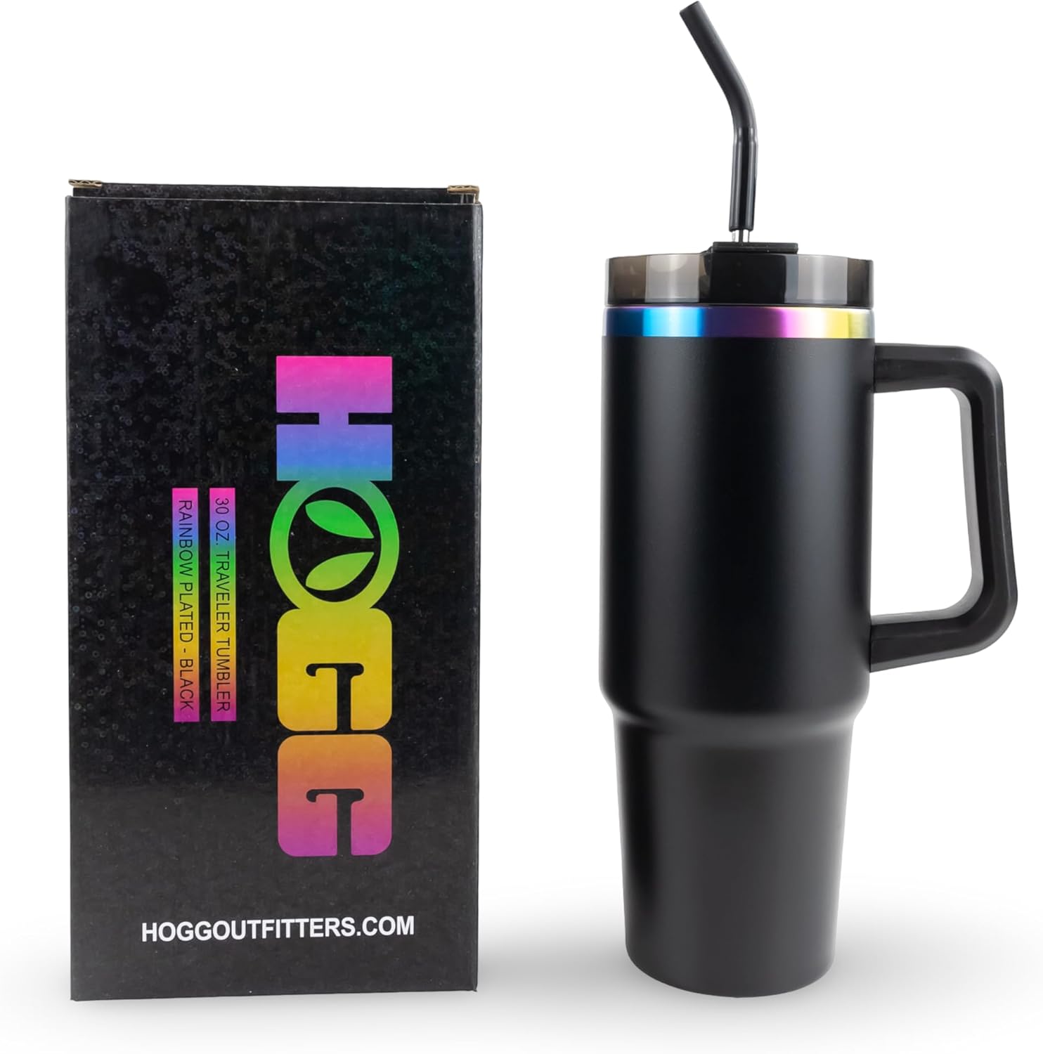 Hogg 30 oz Powder Coated Traveler – Rainbow Plated Black, Powder Coated Tumblers for Laser Engraving, Engravable Tumblers Bulk, Rainbow Cups, Stainless Steel Cups Bulk