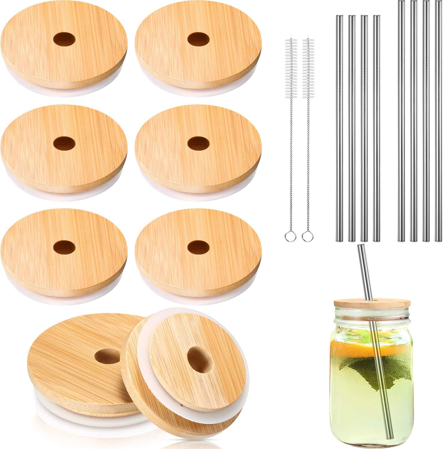8 Pack Mason Bamboo Jar Lids with Straw Hole Compatible (Silicone O-ring Gasket Included) with 4 Stainless Steel Boba Straw, 4 Stainless Steel Thin Straw and 2 Straw Brushes(3.38 Inch)