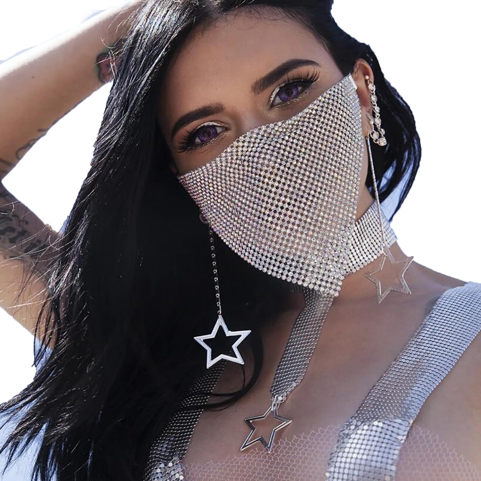 Faxianther Sparkly Rhinestones Mesh Half Face Mask Modern Bling Crystal Face Chain Belly Dance Punk Rock Band Jazz Face Cover Halloween Nightclub Rave Party Masquerade Face Mask Mardi Gras Jewelry