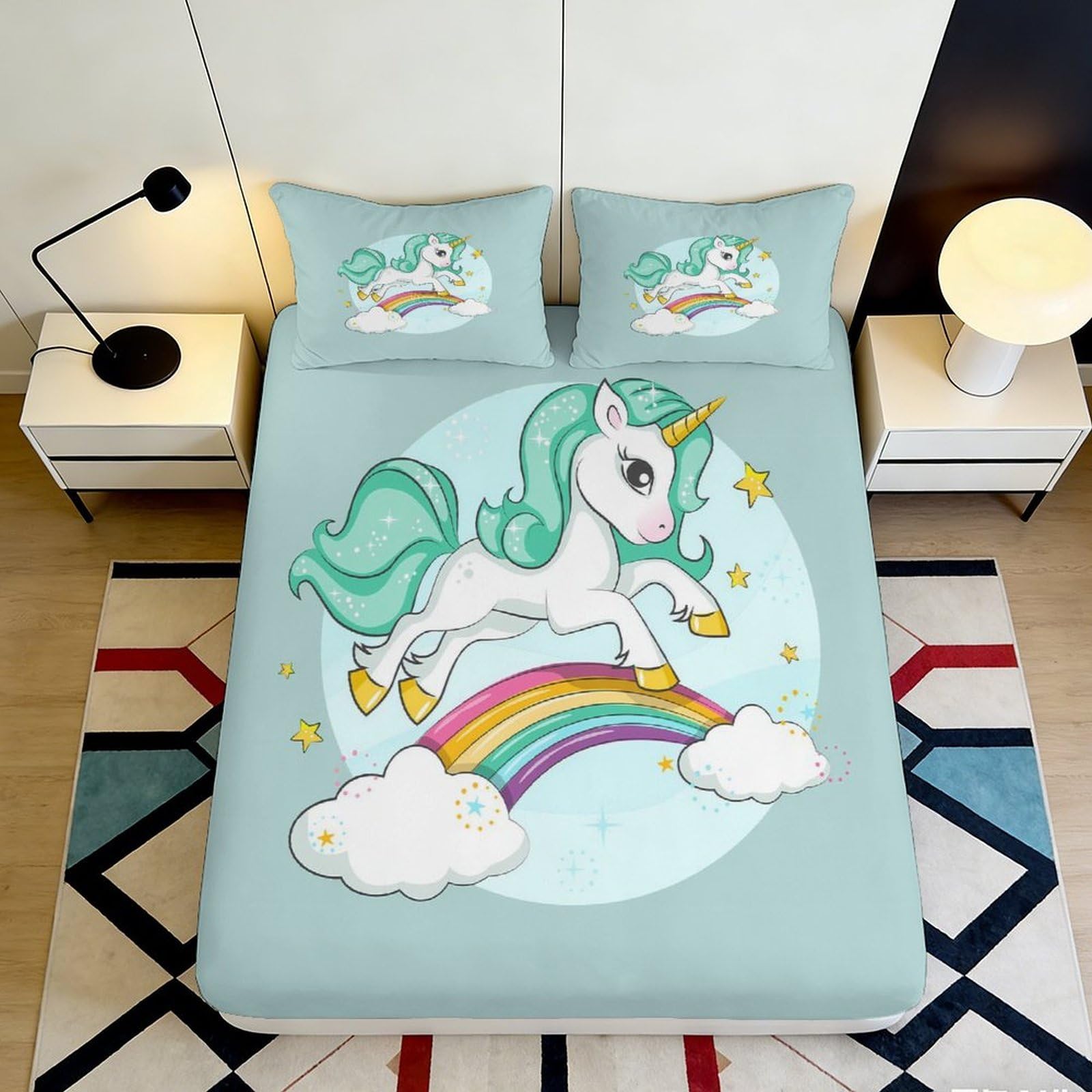 3D Printed Unicorn Rainbow Fitted Sheet Microfiber Soft Pastel Bed Cover for Bedroom Dorm Mattress Protection Decor 180x200x25cm