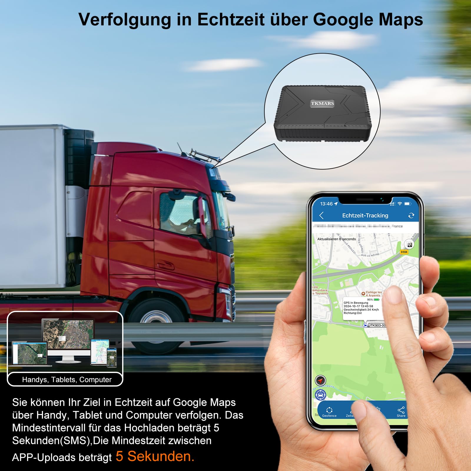 TKMARS 4G GPS Tracker Auto GPS Tracker Ohne ABO 140 Tage Standby-Zeit, 7800mah,Stark Magnetisch, Wasserdicht, Echtzeit-Tracking