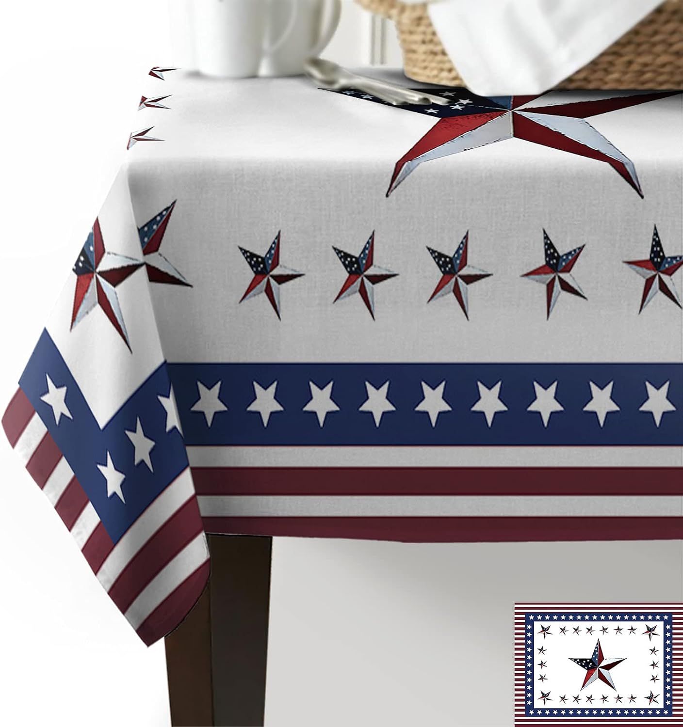 Rectangle Tablecloth 60x84 inch July 4th Independence Day Payty USA Flag Stars Blue Red Stripe Waterproof Polyester Table Cloth Decorative Oil-Proof Table Cover for Dining Table Banquets Party