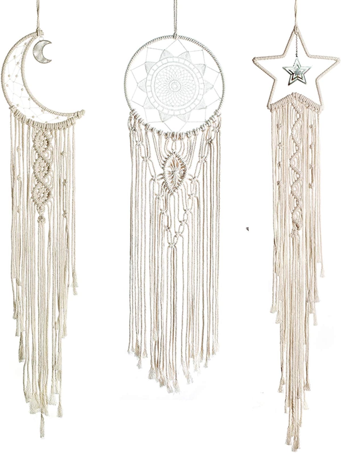 3 Pieces Dream Catchers Sun Moon Star Macrame Wall Decoration Boho Woven Tapestry Bohemian Chic Wall Art Decor for Girls Bedroom Apartment Decoration Ornament Craft Gift