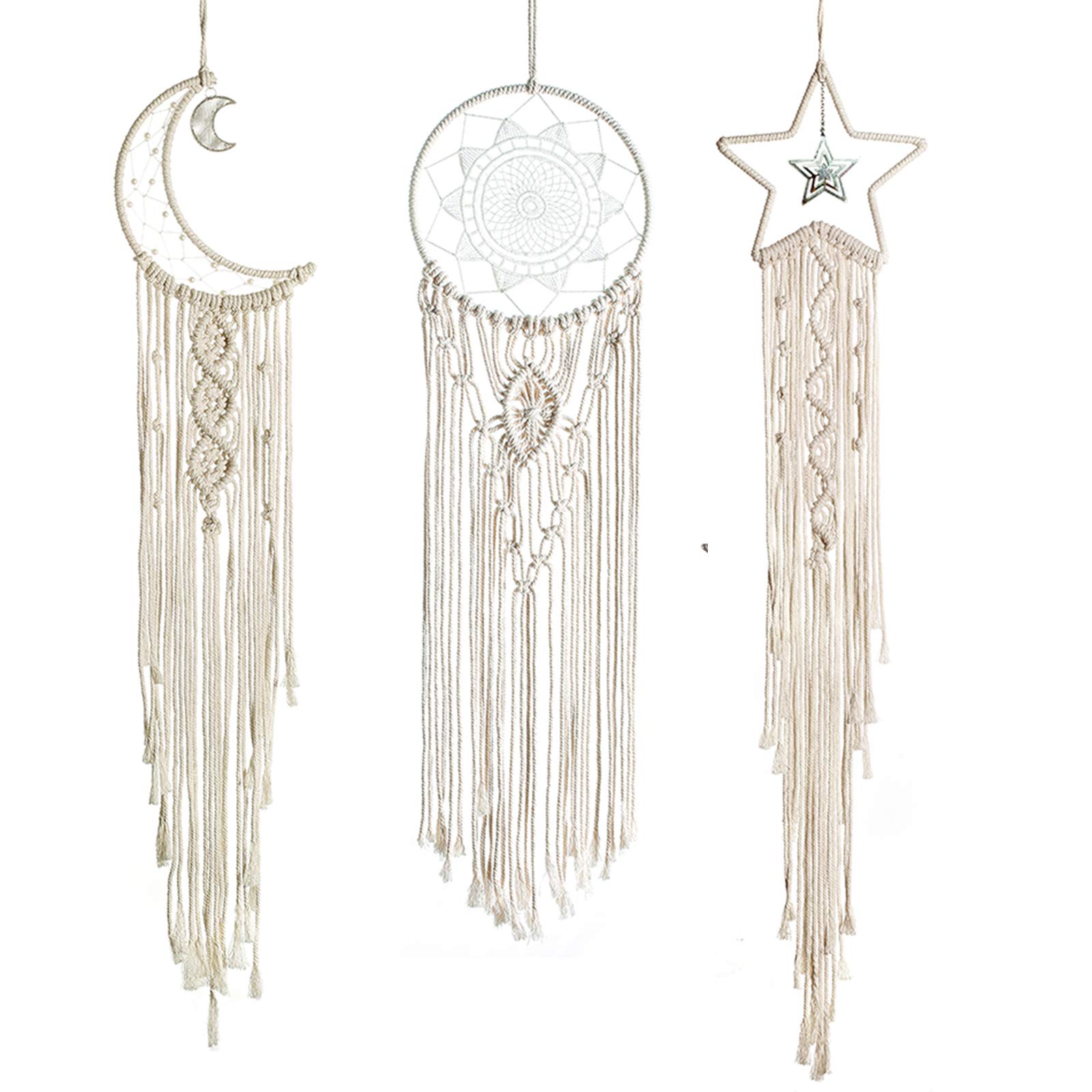 3 Pieces Dream Catchers Sun Moon Star Macrame Wall Decoration Boho Woven Tapestry Bohemian Chic Wall Art Decor for Girls Bedroom Apartment Decoration Ornament Craft Gift