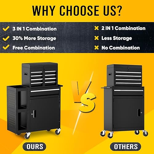 Miniatura 5 de Caja de herramientas con ruedas con 5 cajones, exclusiva caja de herramientas 3 en 1 combinada con carrito de utilidad extraíble de 2 neumáticos,