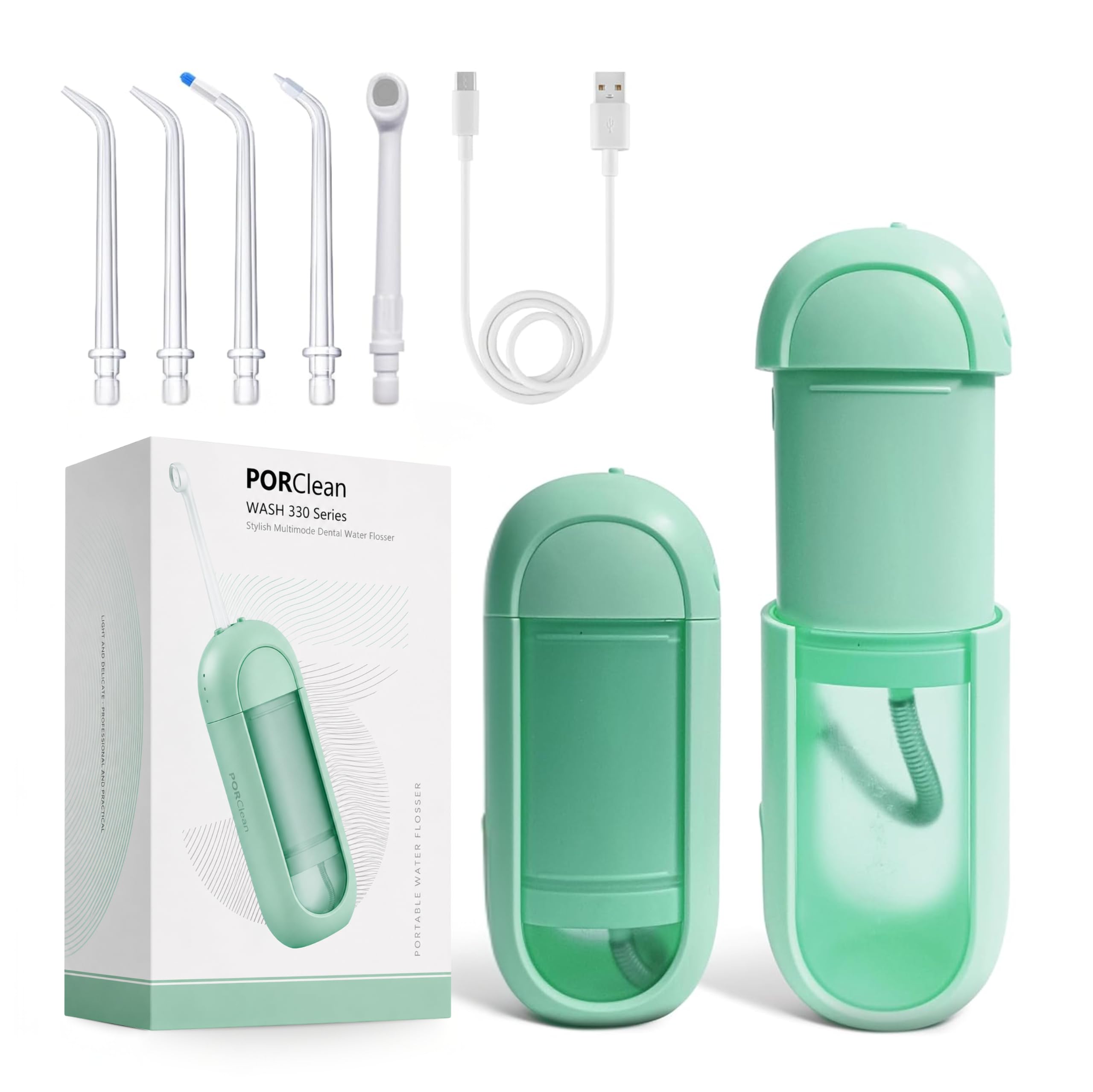 PORClean WASH 330 Water Flosser for Teeth – 160 PSI Dental Flosser, 3 Modes, 4 Nozzles, Cordless & USB Rechargeable, Travel-Friendly, IPX7 Waterproof – Ideal for Braces, Implants & Gum Care (Mint Green)-image-19