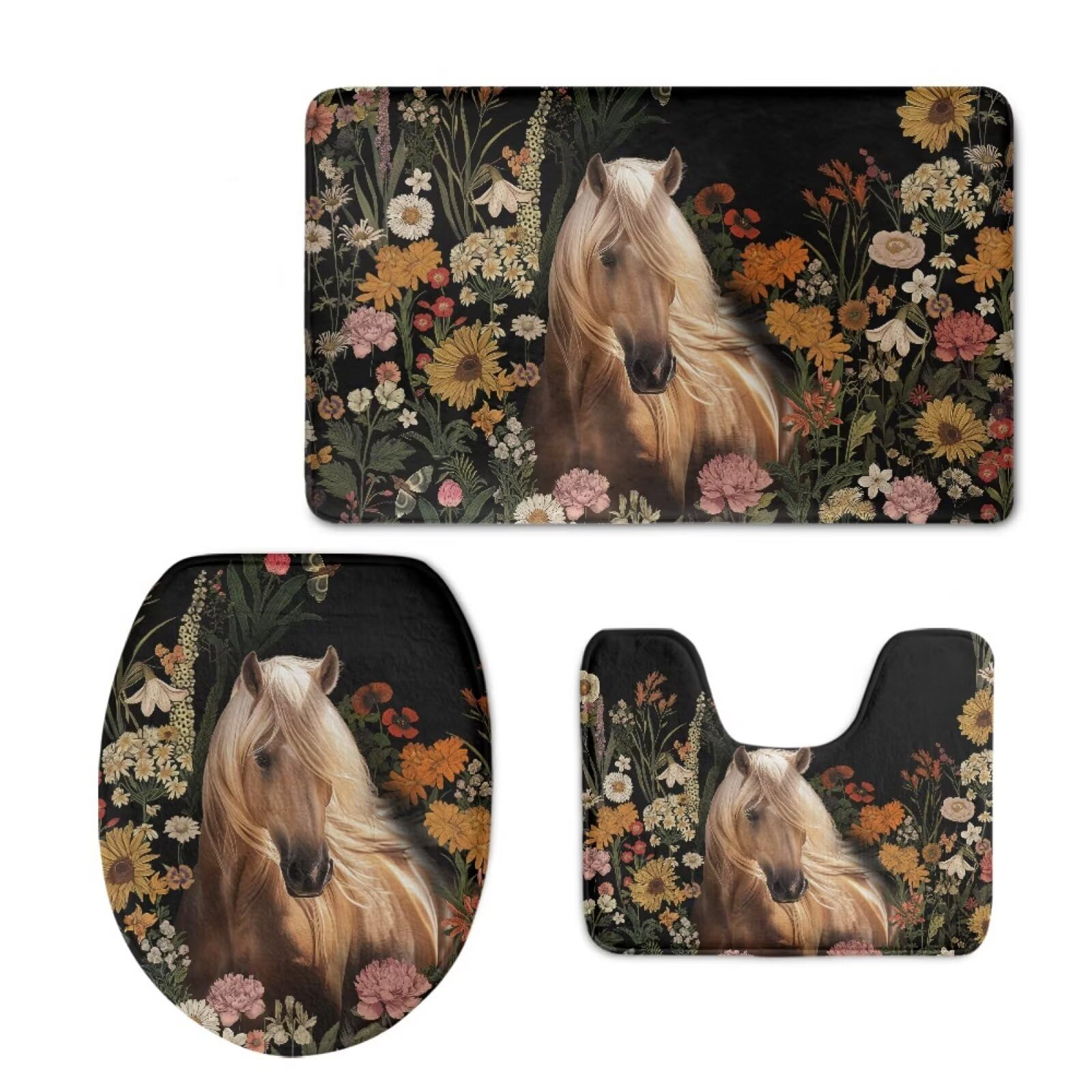 Alfombra de área de baño textil juego de alfombrillas vintage flores y caballo