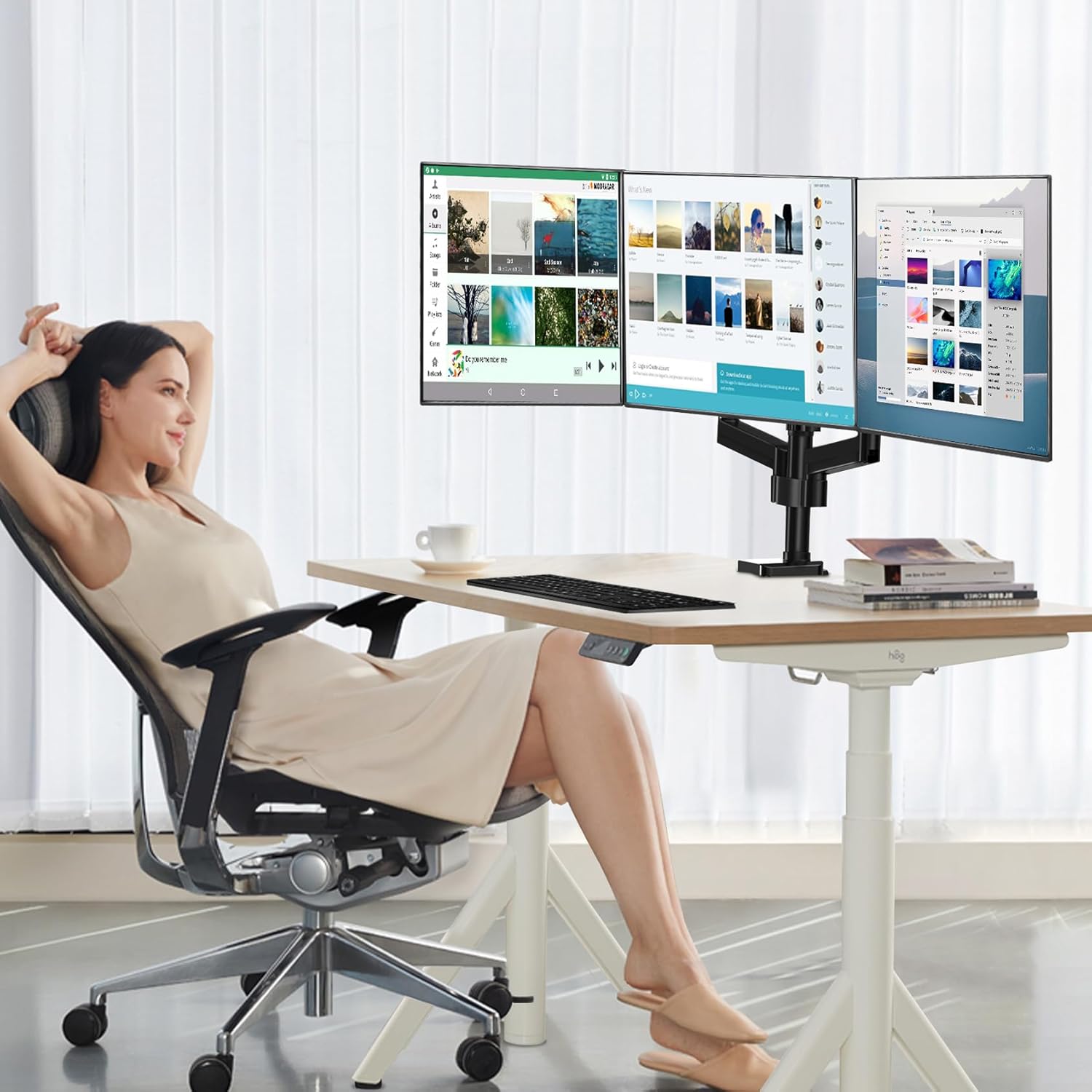 Triple Monitor Desk Mount, 3 Screen Arms for Flat/Curved Screens Up to 27 inch, Hold up to 17.6lbs Each, Fully Adjustable Gas Spring Monitor Stand, VESA 75x75/100x100