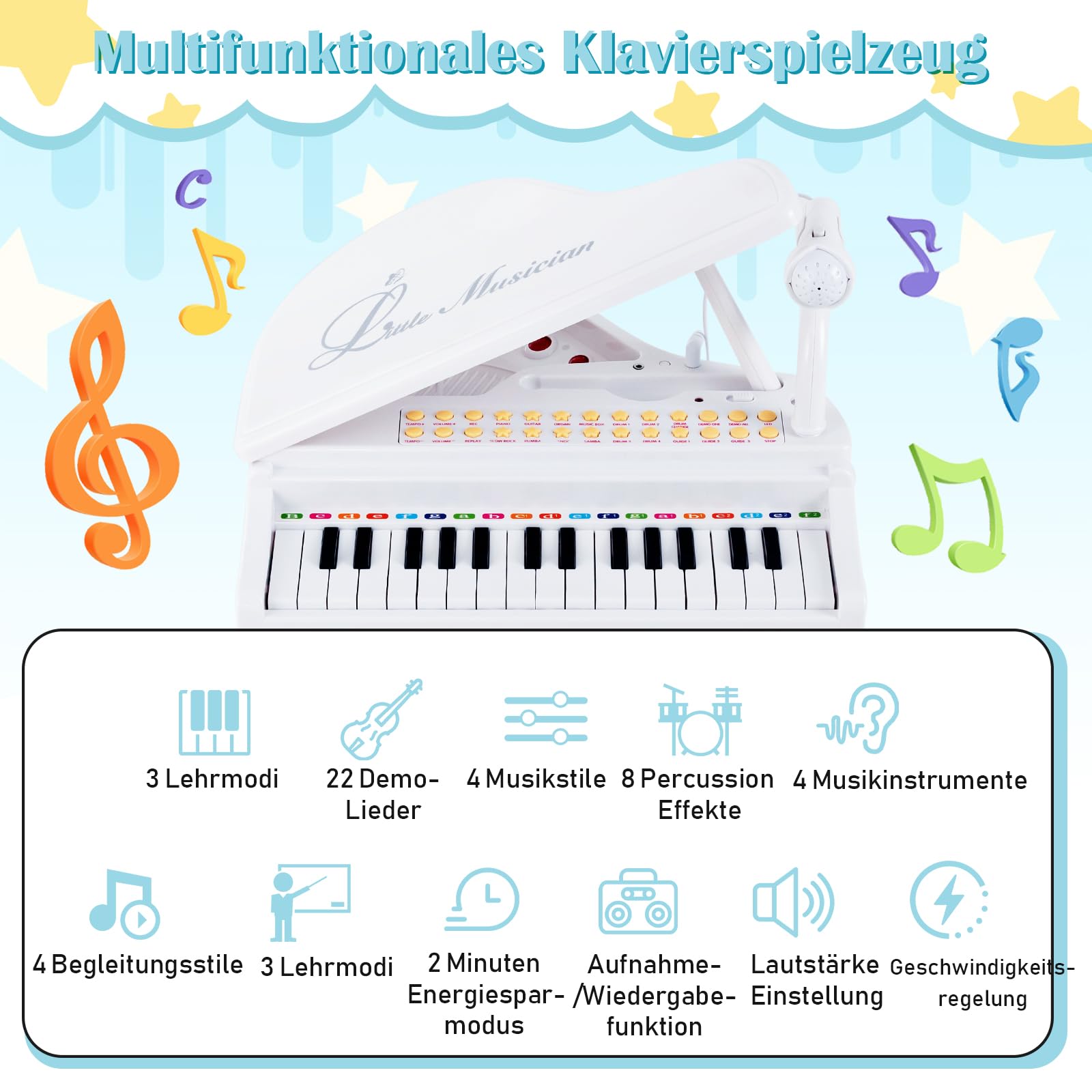 COSTWAY 31 Tasten Kinder Keyboard mit Hocker, Elektronische Klaviertastatur mit Mikrofon, LED-Lehrmodus, tragbares Spielzeugklavier Musikinstrument für Kinder ab 3 Jahren (Weiß)