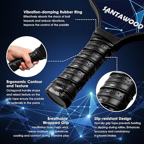 Miniatura 5 de Juego de 2 palas de pickleball de fibra de vidrio, 2 raquetas de pickleball, 4 bolas, 2 agarres y 1 bolsa de transporte portátil, paquete de 2