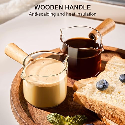 Miniatura 5 de PARACITY Juego de 2 tazas de espresso con mango de madera, tazas medidoras de vidrio de doble boquilla con doble escala, vaso de chupito de espresso