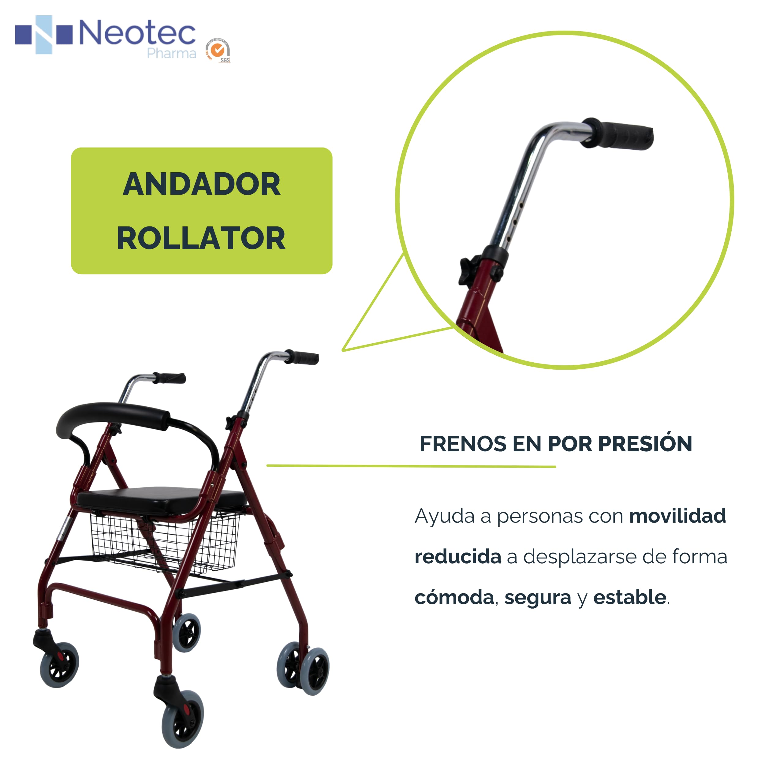 Sanitec - Andador Rollator con Frenos por Presión | Andador para Ancianos Plegable | Andadores Adultos con Estructura de Aluminio Ligero | Andador con Asiento y Cesta | Andadores para Ancianos