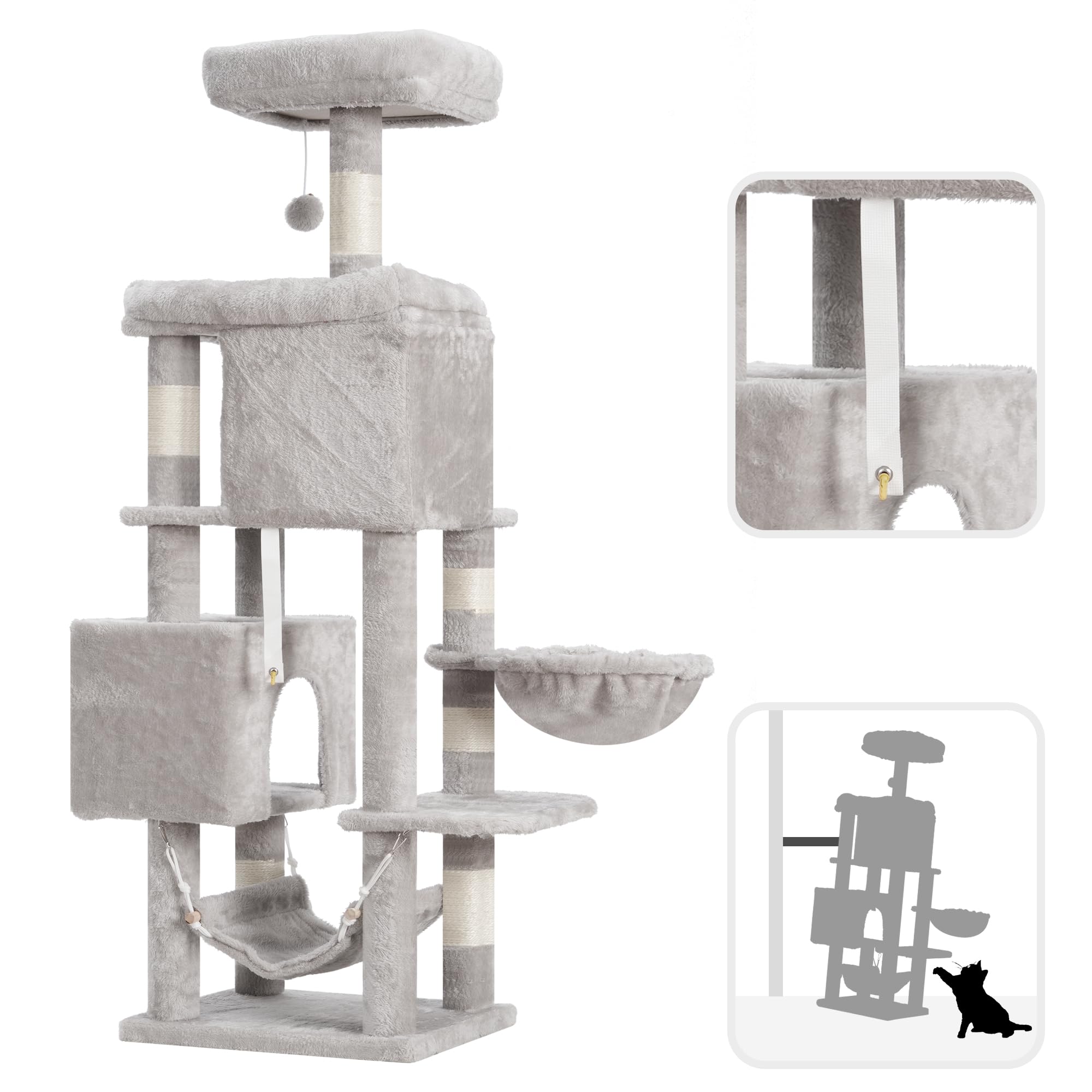Heybly Kratzbaum, 145 cm Hoher Mehrstöckiger Kratzstamm-Kletterturm, Mit 2 Großen Plattformen, 2 Großer Katzennestern, Katzenkorb, Hängematte, Ballspielzeug, Hellgrau HCT016W