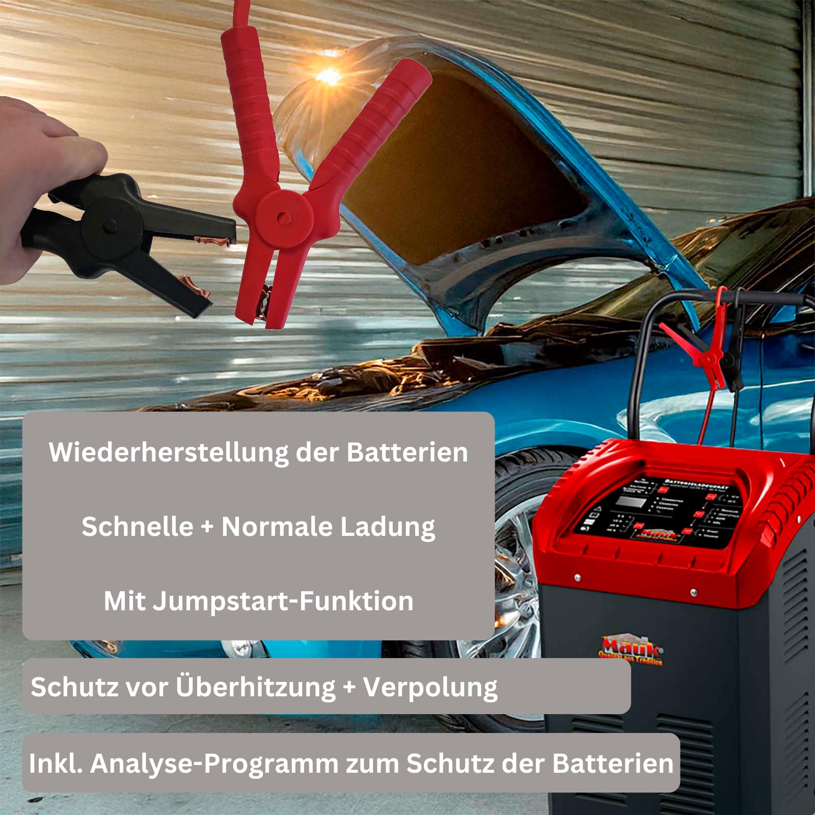 MAUK® Batterieladegerät Kfz Ladegerät Batteriestarter Jump Starter Auto Jumpstarter Auto Batterie Starter Auto Batterie Ladegerät mit Starthilfe Kfz mit Griff und Rollen 12V / 24V | 40 A max.