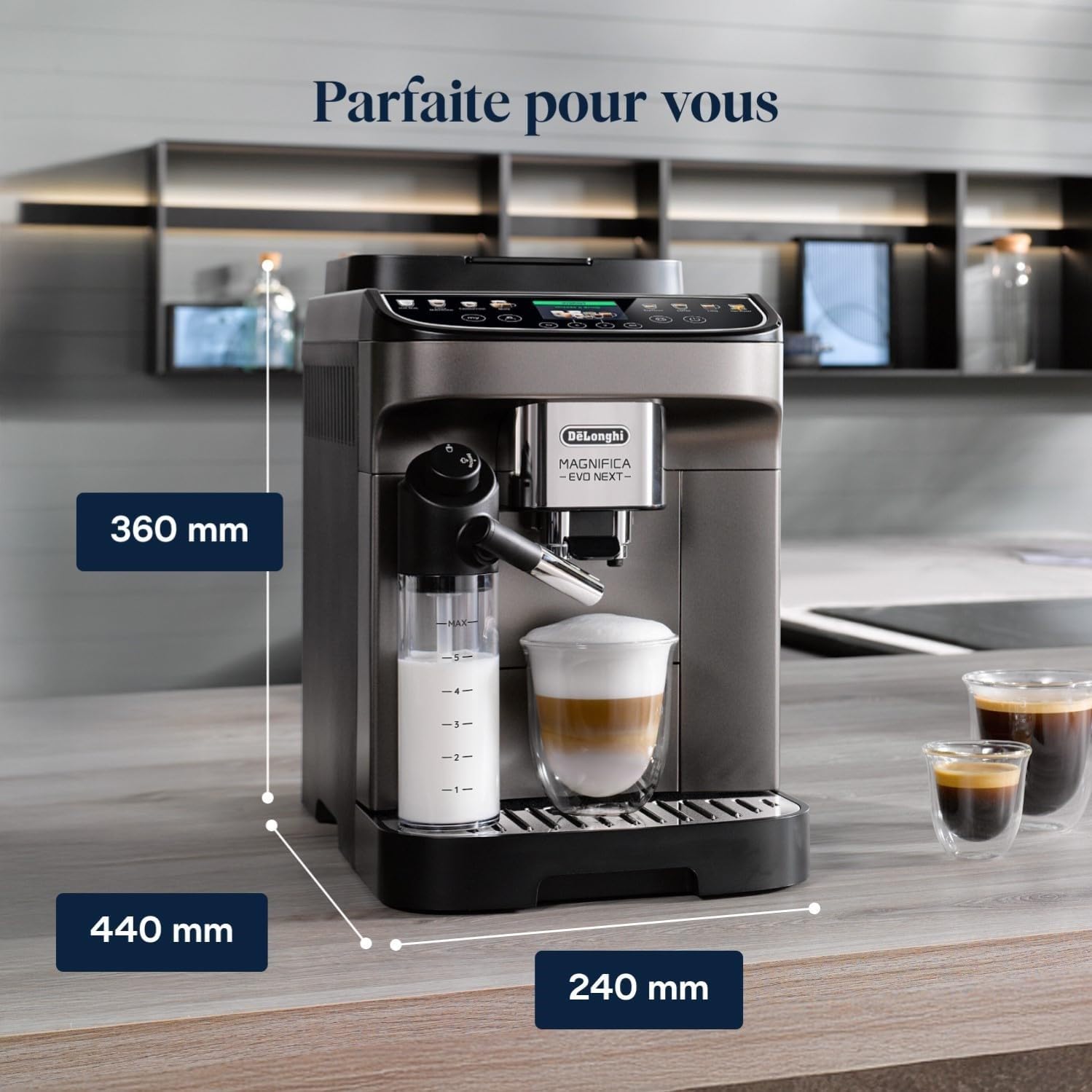 De’Longhi Magnifica Evo Next - Perfetto Machine à Café Automatique avec LatteCrema Mousseur à Lait Automatique, 13 Boissons en une Seule Touche, Écran Tactile Couleurs, Titane et Noir (ECAM312.80.TB)