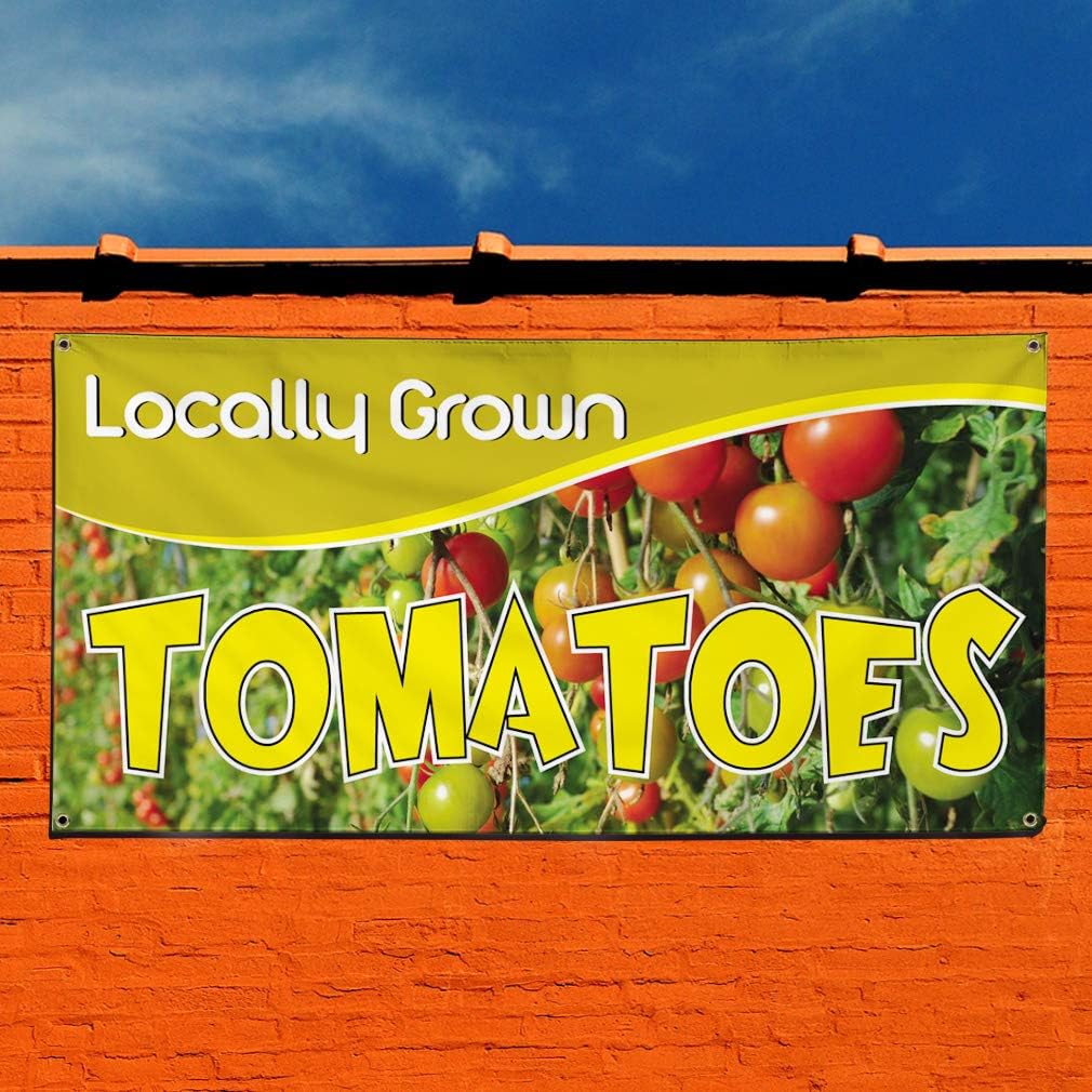 Vinyl Banner Sign Locally Grown Tomatoes Business Locally Grown Tomatoes Outdoor Marketing Advertising Yellow - 24inx48in, 4 Grommets, One Banner