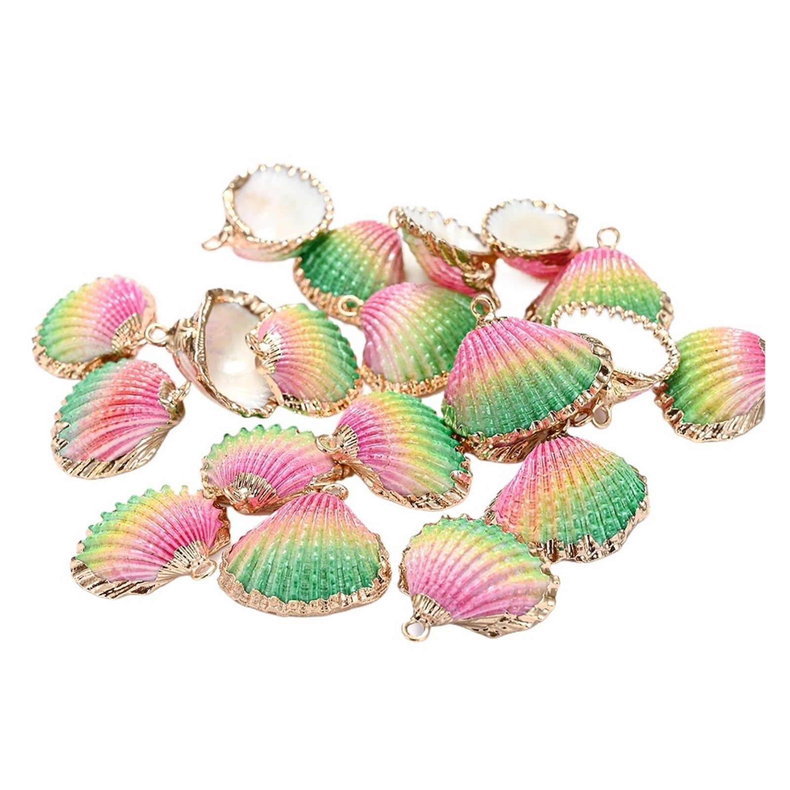 Gold Plated Threaded Seashells Striated Colorful Shell For Jewelry Pendant Making Earring Charms Accessories(Color-01,6pcs)