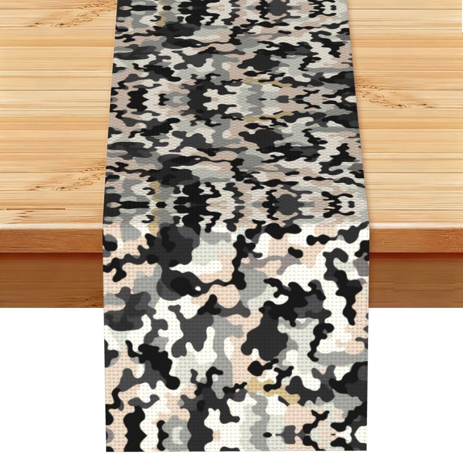Subtle Tan Black Camo Printed Table Runner 13 x 72, Wrinkle Resistant Decor for Dining Table Coffee Table Fireplace
