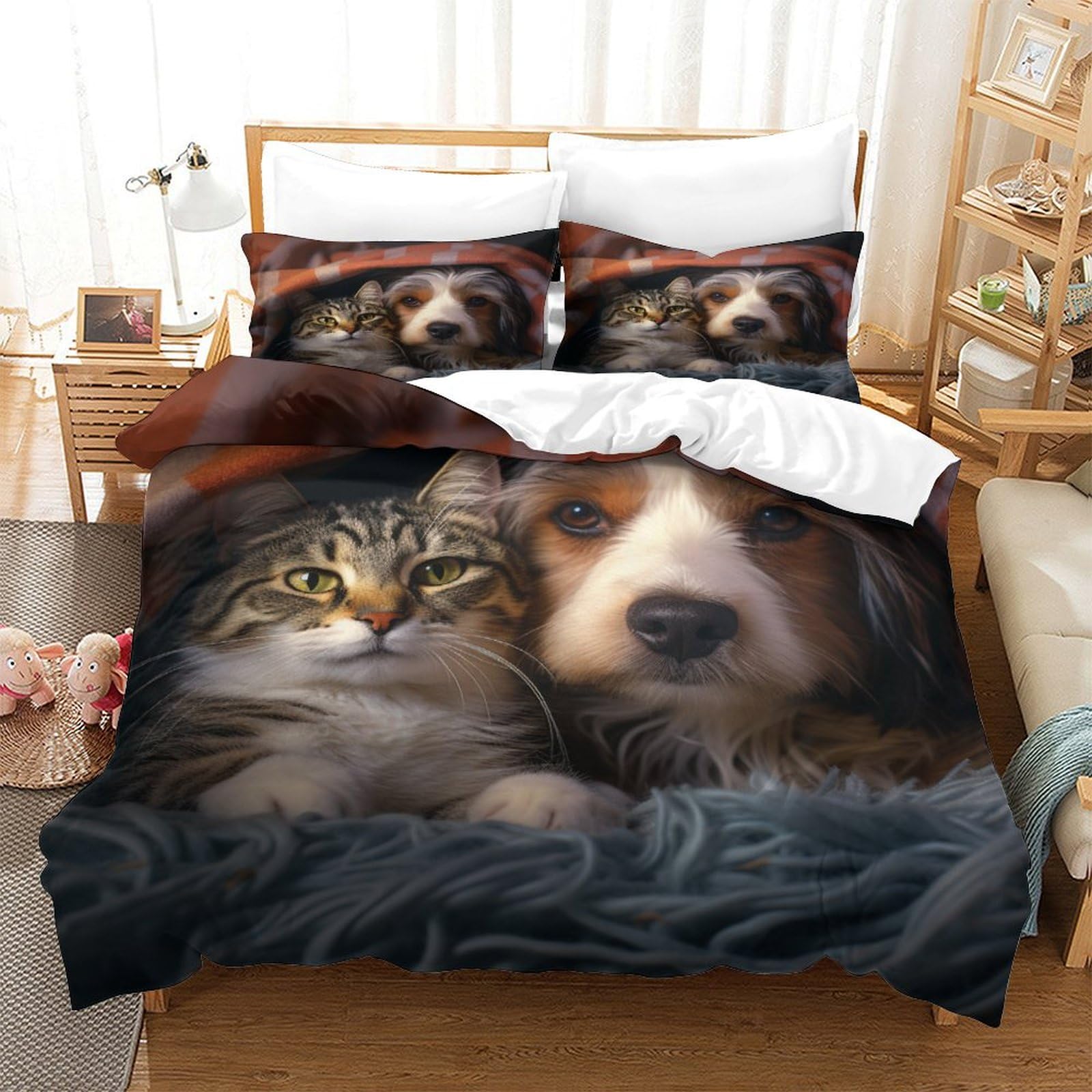 P1S9U7W5Y 3D Printed Pet Cat Dog Pattern Duvet Cover Set 3 Pieces Microfiber for Adult Bedroom Decor Animal Bedding Set King（220x240cm）
