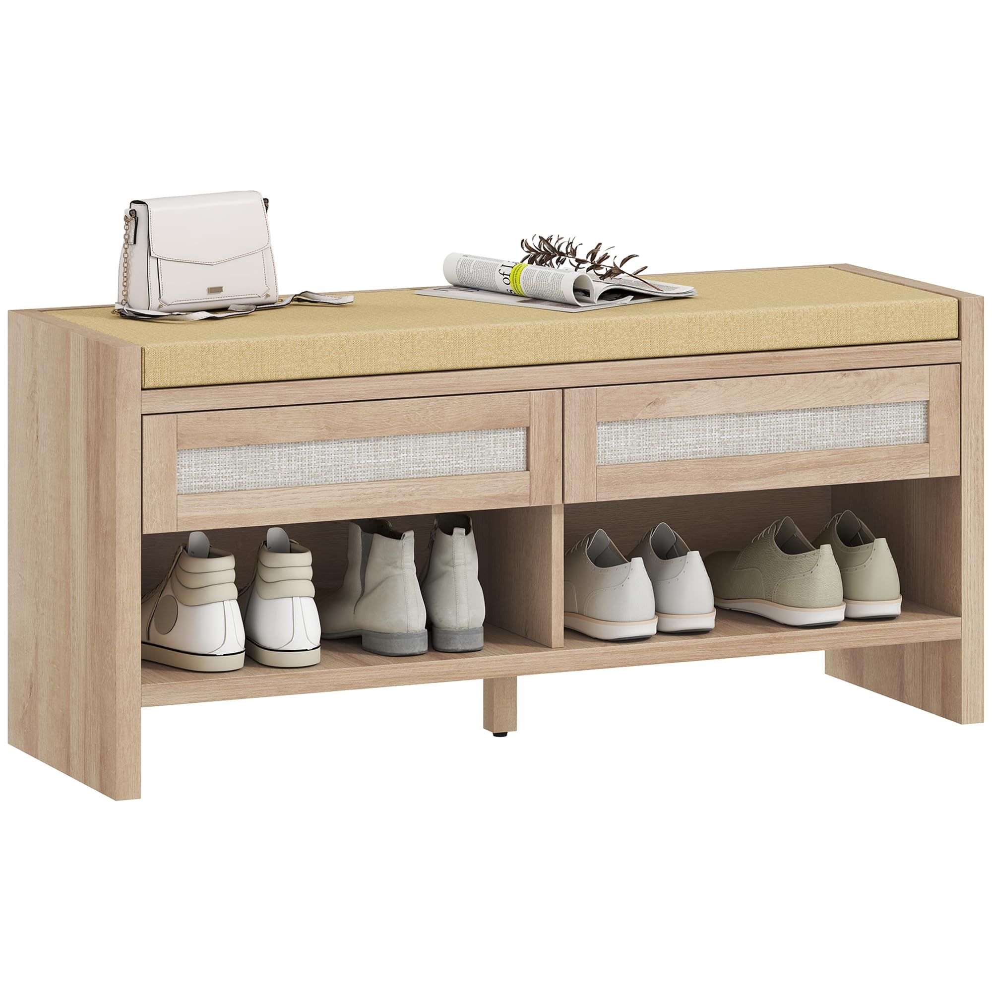 HOMCOM Banco Zapatos 2 cajones ratán 105x35x50cm Efecto Roble | Banco de almacenamiento boho, asiento acolchado aspecto lino, estante abierto, entrada, pasillo, sala de estar, dormitorio