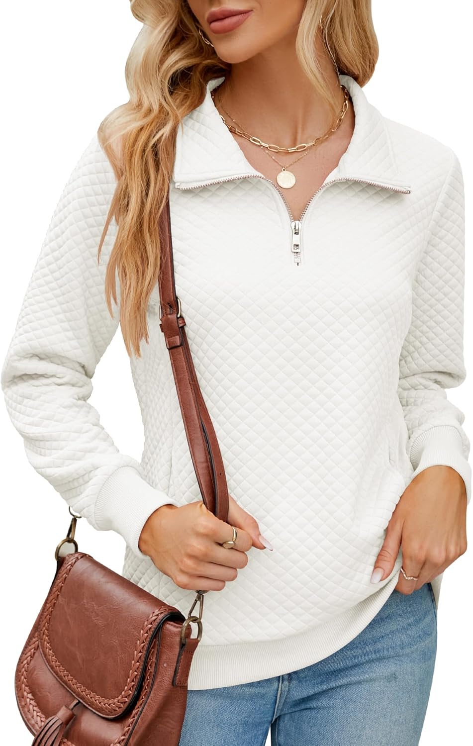 AKEWEI Women Half Zip Sweatshirts Lightweight Quilted Pullover Sweaters Casual Long Sleeve Tops With Pockets