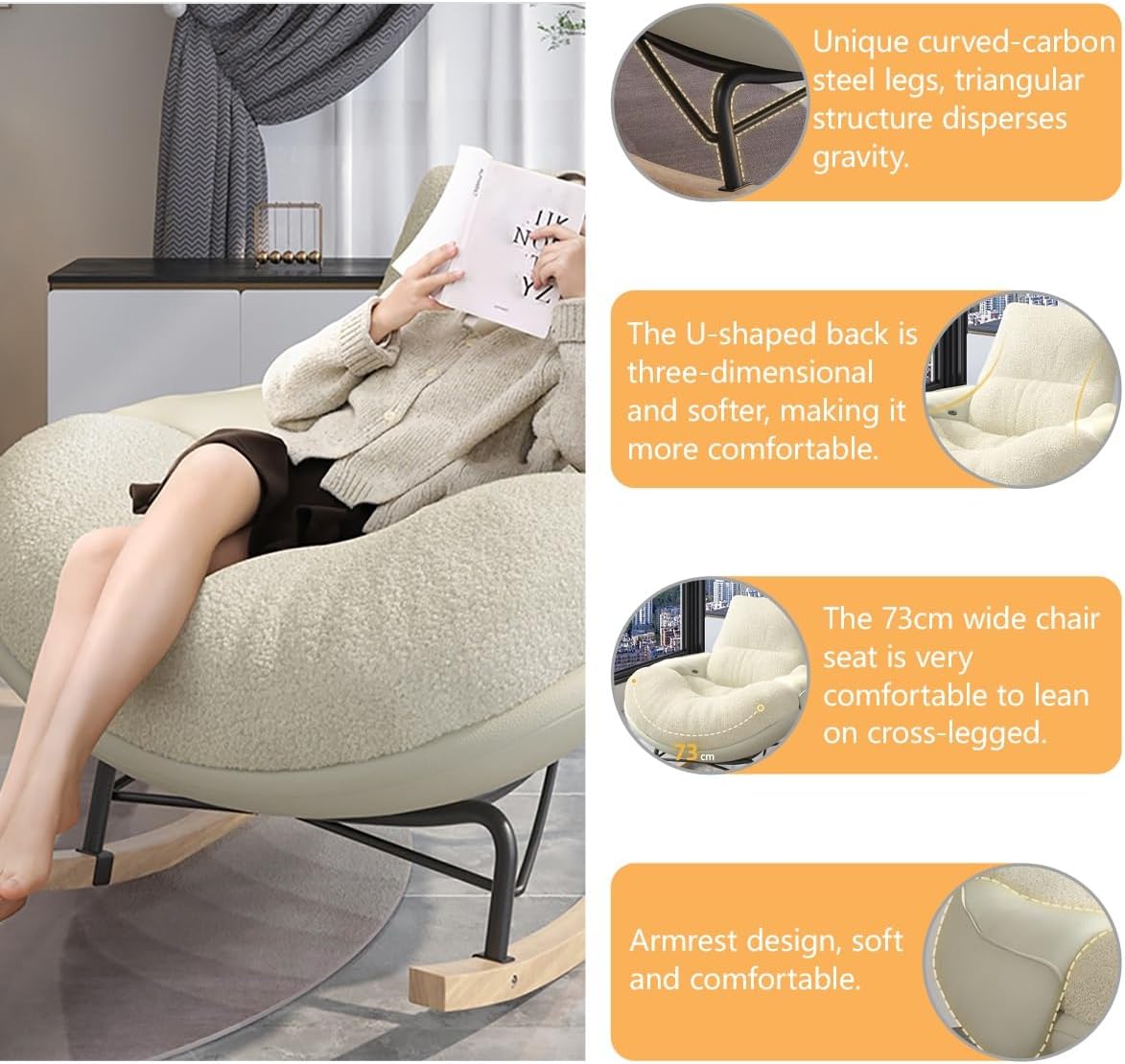 Modern Accent Rocking Chair with Armrests, Nursery Rocking Chairs with Ottoman, Upholstered Recliner Chair High Back, Ergonomic Design, Sled-Style Solid Wood Base, Wide Seat Surface for Bedroom(Khaki)