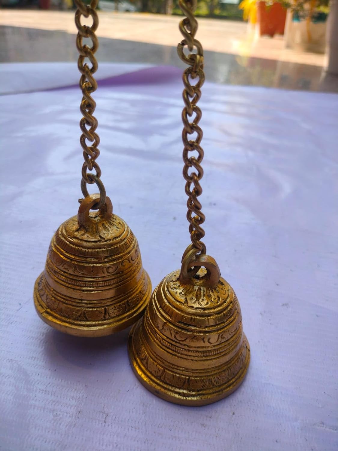 Set of 2 Brass Hanging Bells with Chain for Home Mandir Temple Living Room Decoration Pooja Decorative Items Door Ding Dong Puja Bell